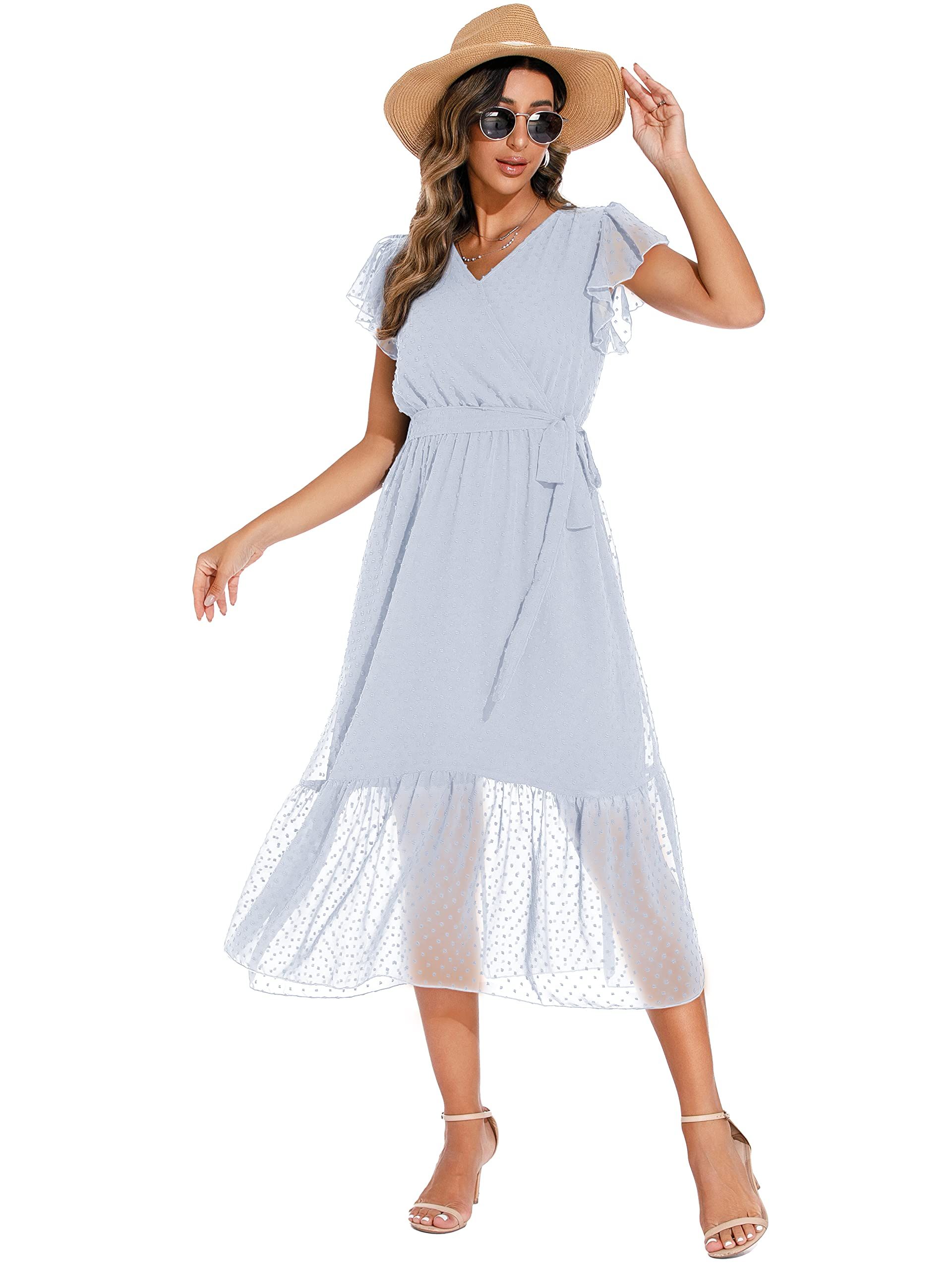 GRECERELLE Womens Summer Wrap Maxi Dress Chiffon Cute Casual V Neck Ruffl