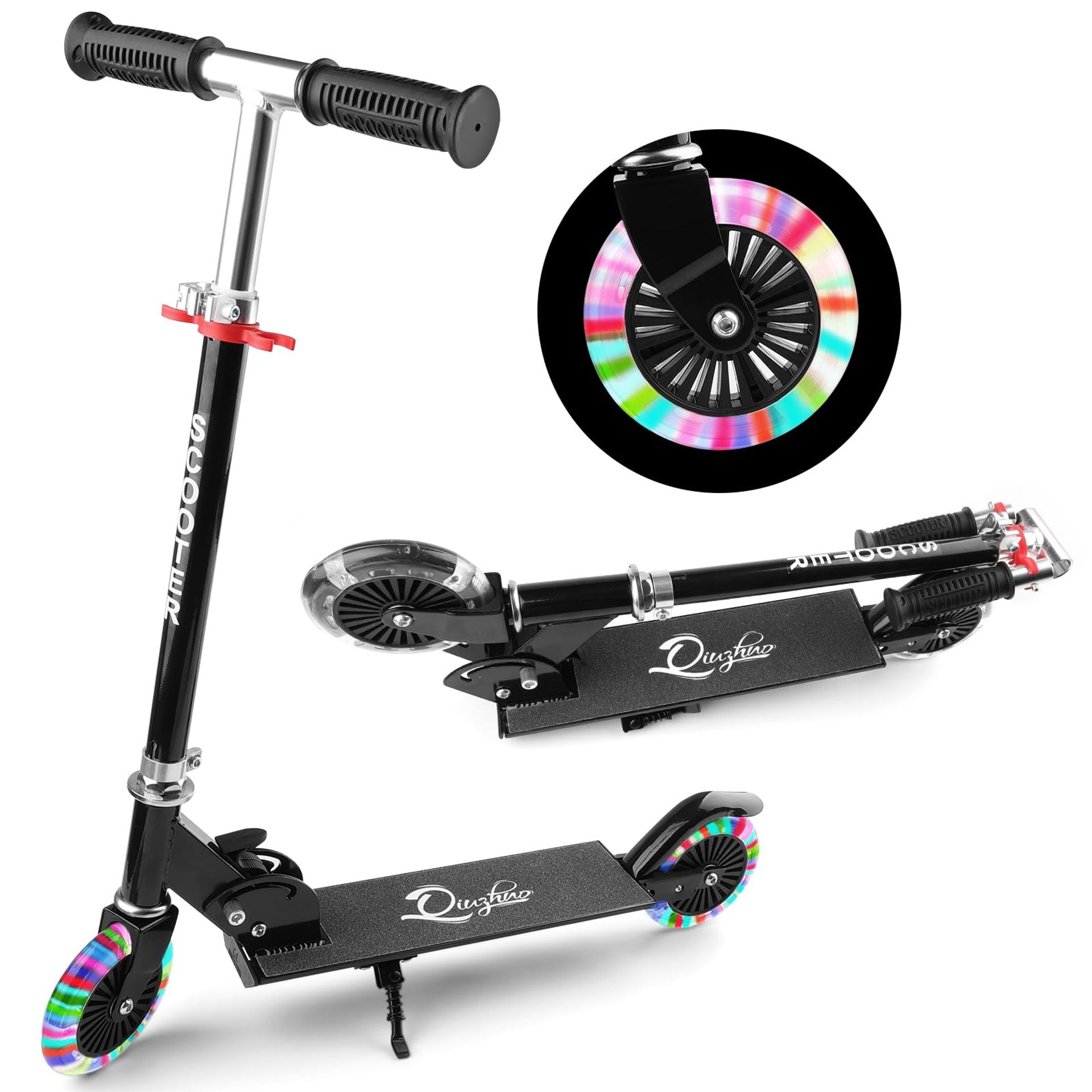 LED Light Up Scooter for Kids Foldable 2-Wheel Design Adjustable Height with Brake and Kickstand - Black One Size