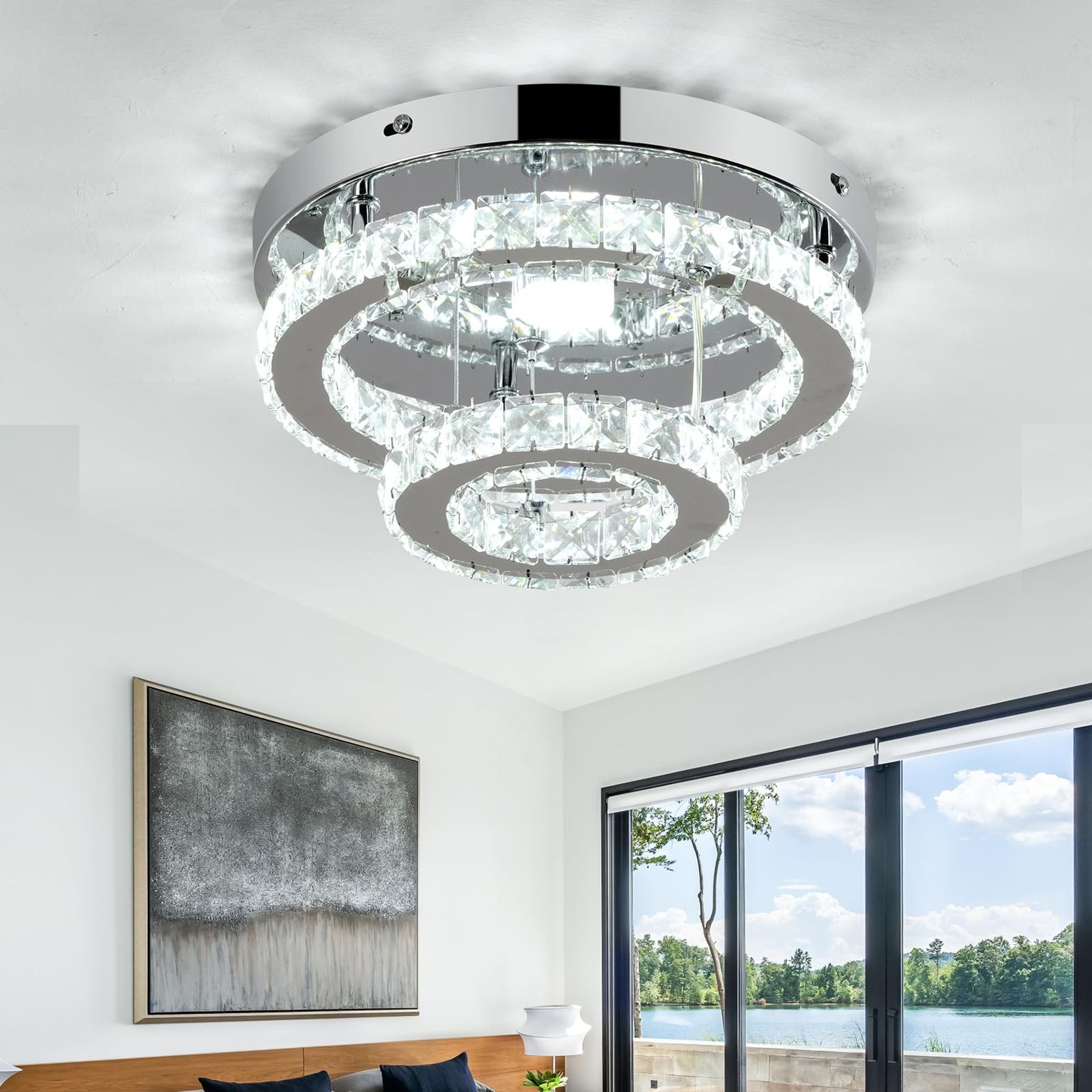 Crystal Chandelier Ceiling Light 9-LED Flush Mount 5-Tier K9 55W 5398LM Bright for Living Room, Bedroom, Hallway - Cool White 19.7"
