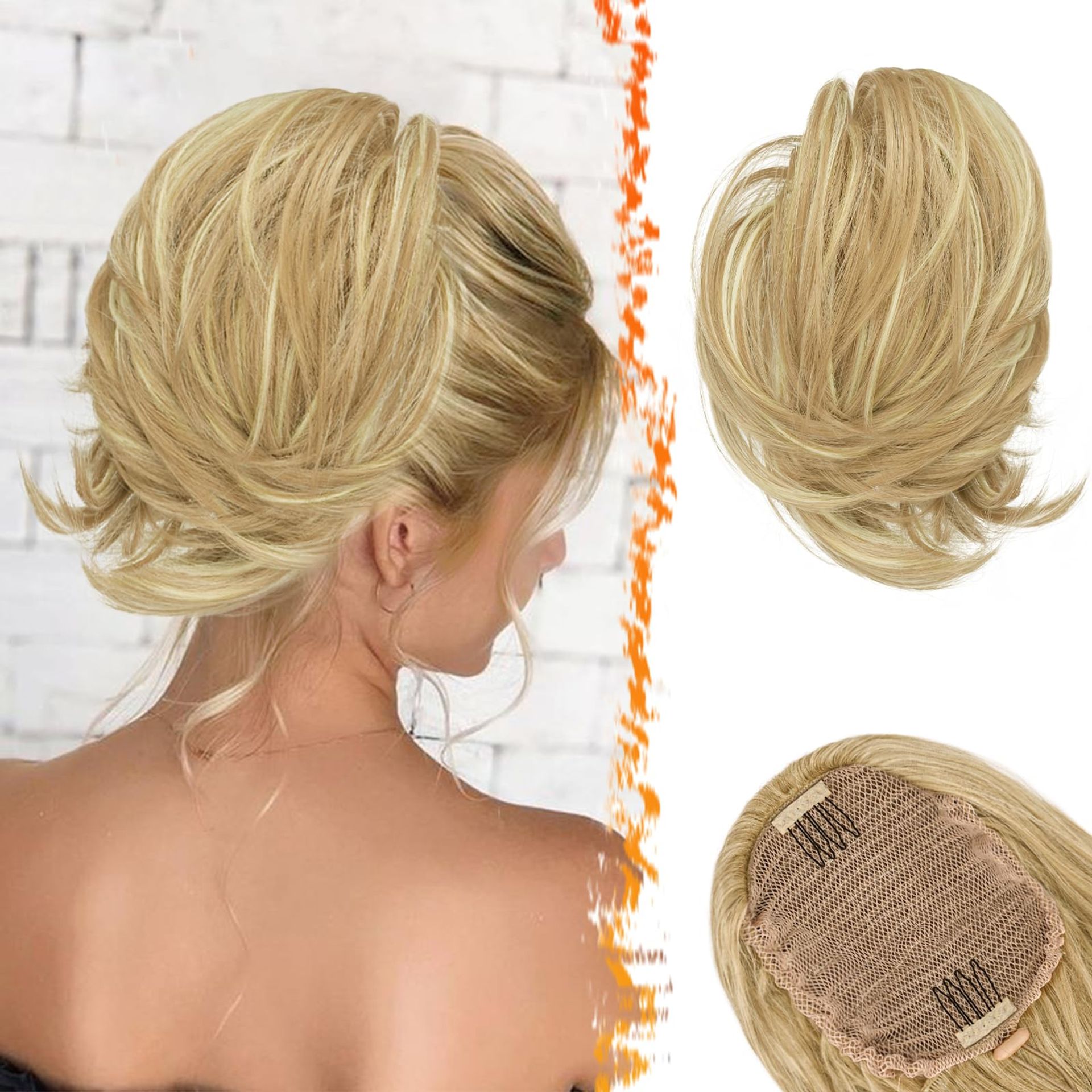 Blonde Synthetic Hair Bun Extension - Light Ash Blonde Mixed - Short Straight Ponytail Scrunchie