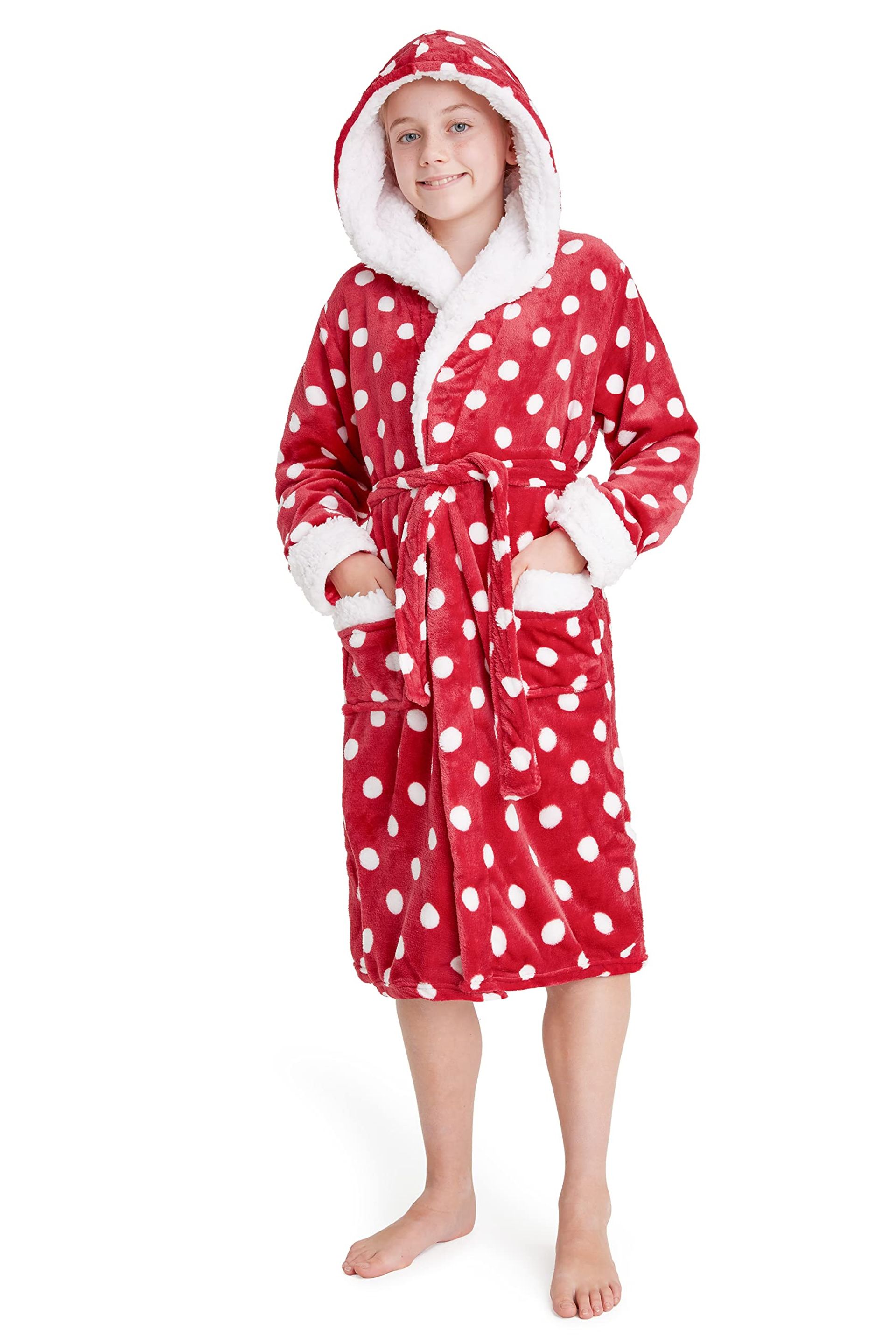 Girls Hooded Dressing Gown Fluffy Fleece with Sherpa Lined Hood & Pockets - Red 9-10 Years