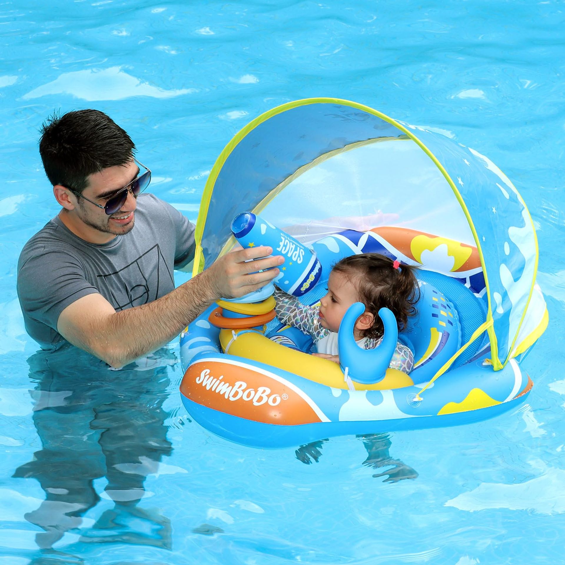 Baby Pool Float Ring with Safety Seat, Play Console & Adjustable Sunshade - Blue One Size