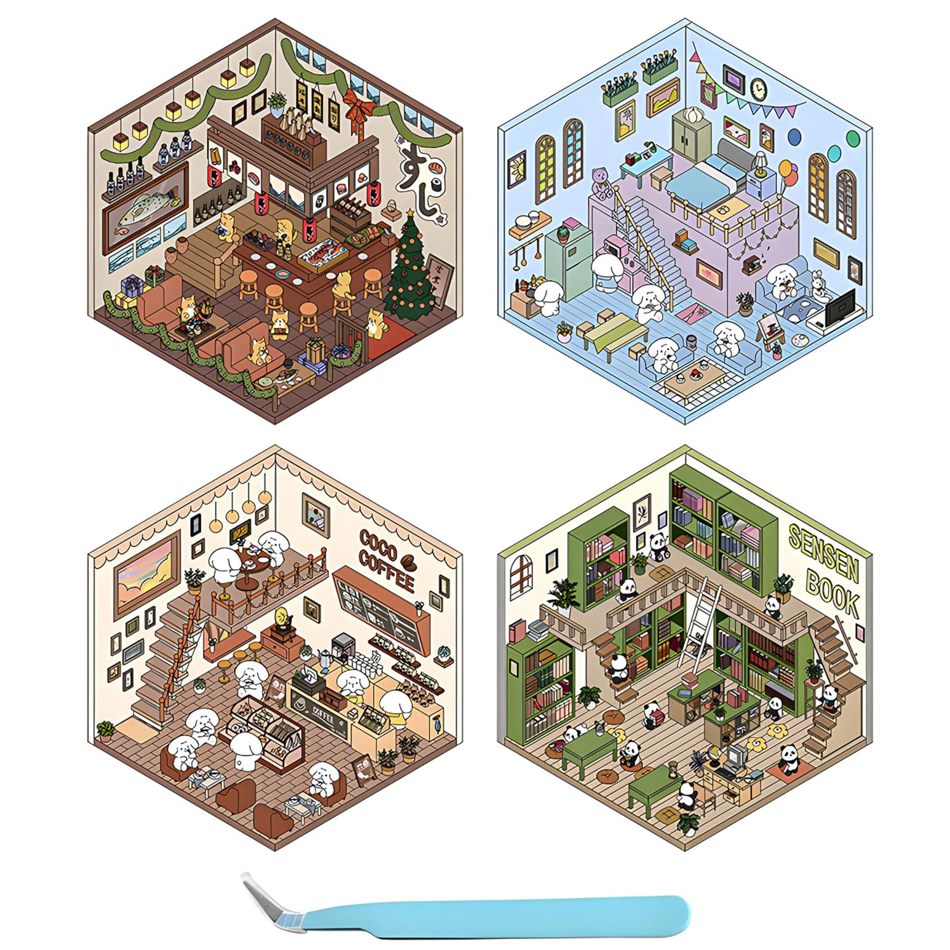 3D DIY Sticker House Scene Set with Tweezers 4 Themes Cabin Crafts - Multi-Style