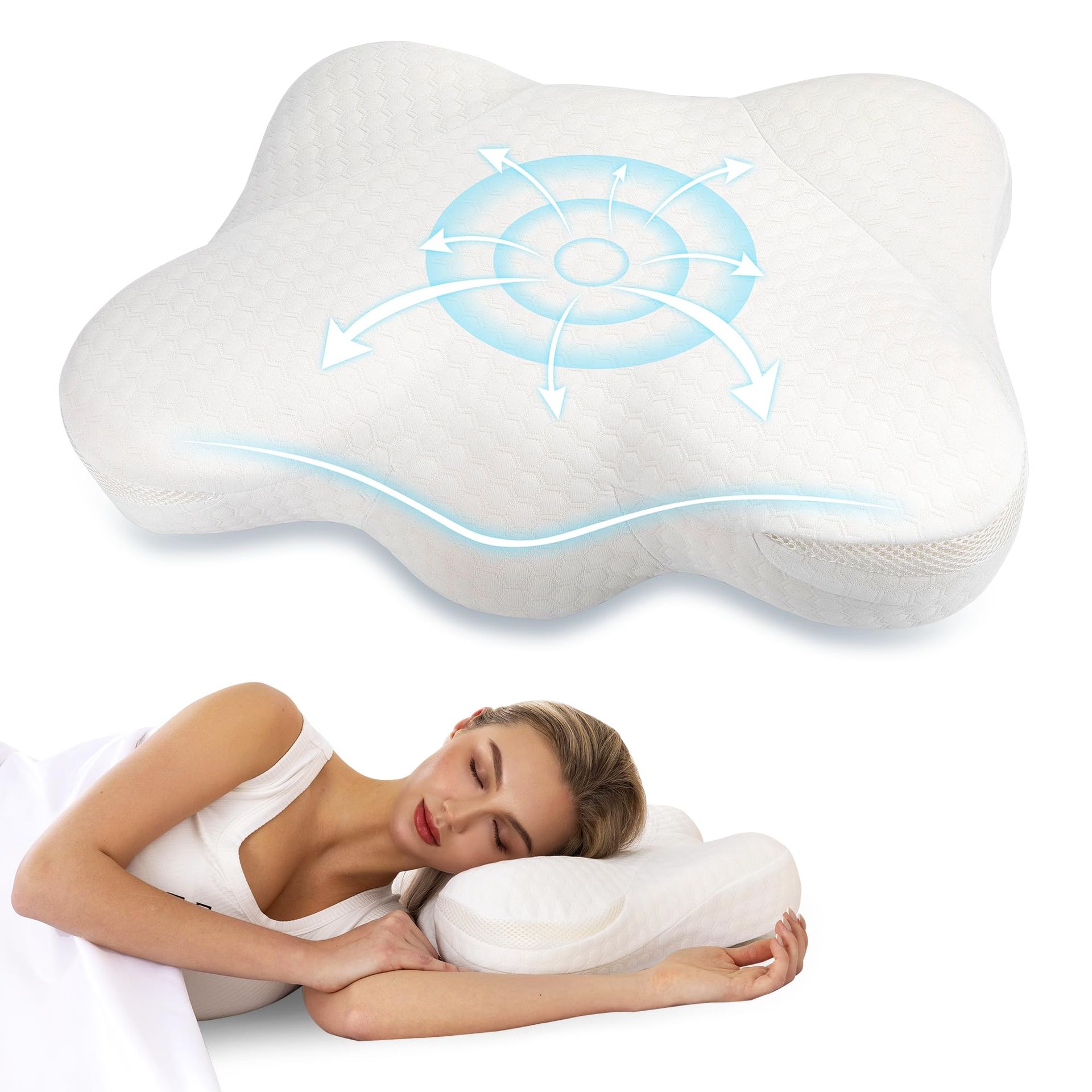 Cervical Memory Foam Pillow for Neck Pain Relief, Ergonomic Cooling Support for All Sleep Positions - White Standard Queen Pillow