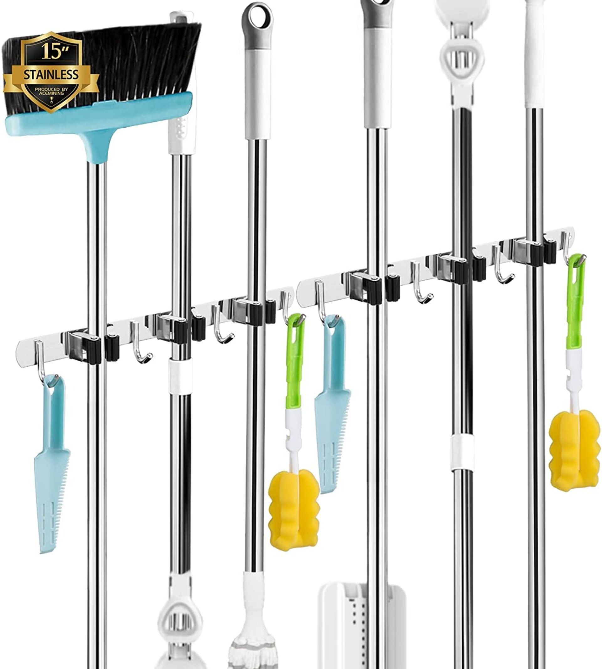 Wall Mounted Broom Holder Heavy Duty Stainless Steel Storage Rack with 3 Holders & 4 Hooks - Silver 2 Pack