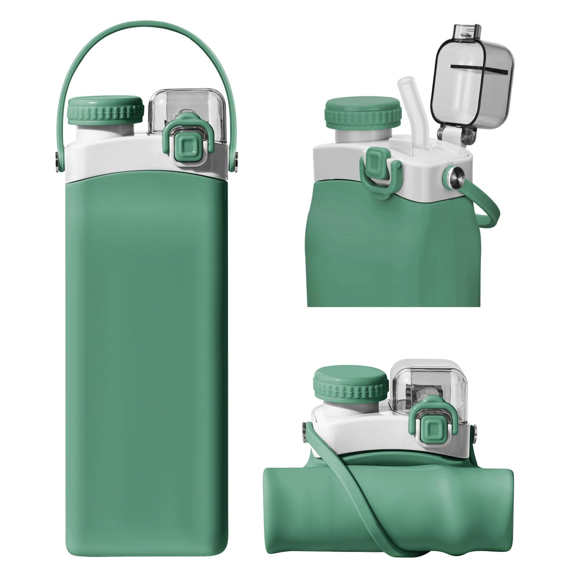 Green 600ml Collapsible Silicone Water Bottle with Straw & Strap - BPA Free, Leakproof & Foldable