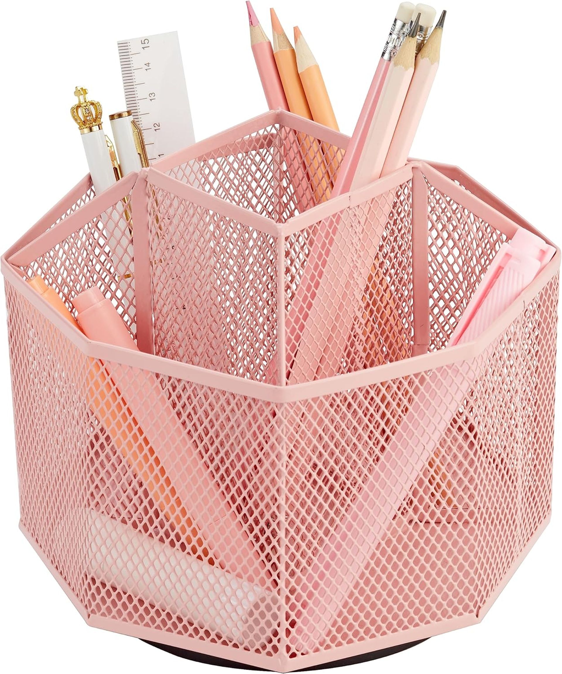 Rotating Mesh Desk Organiser with 5 Compartments - Light Pink Pen Holder for Office, Home & Classroom