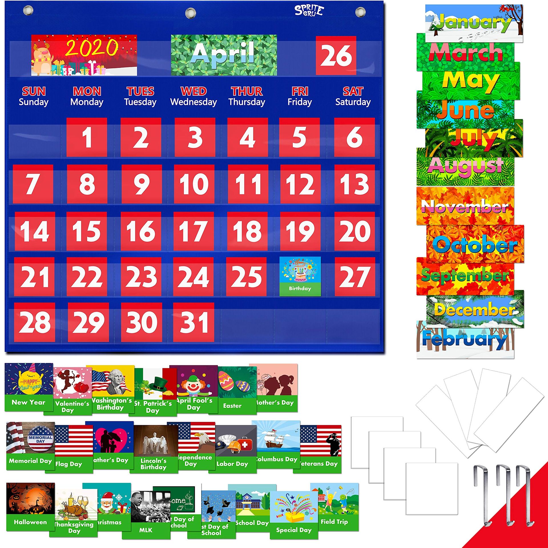 SpriteGru Blue Calendar Pocket Chart with 76 Cards,(68 Illustrated Activity Cards, 8 Dry Erasable Flash Cards and 3 Hooks)
