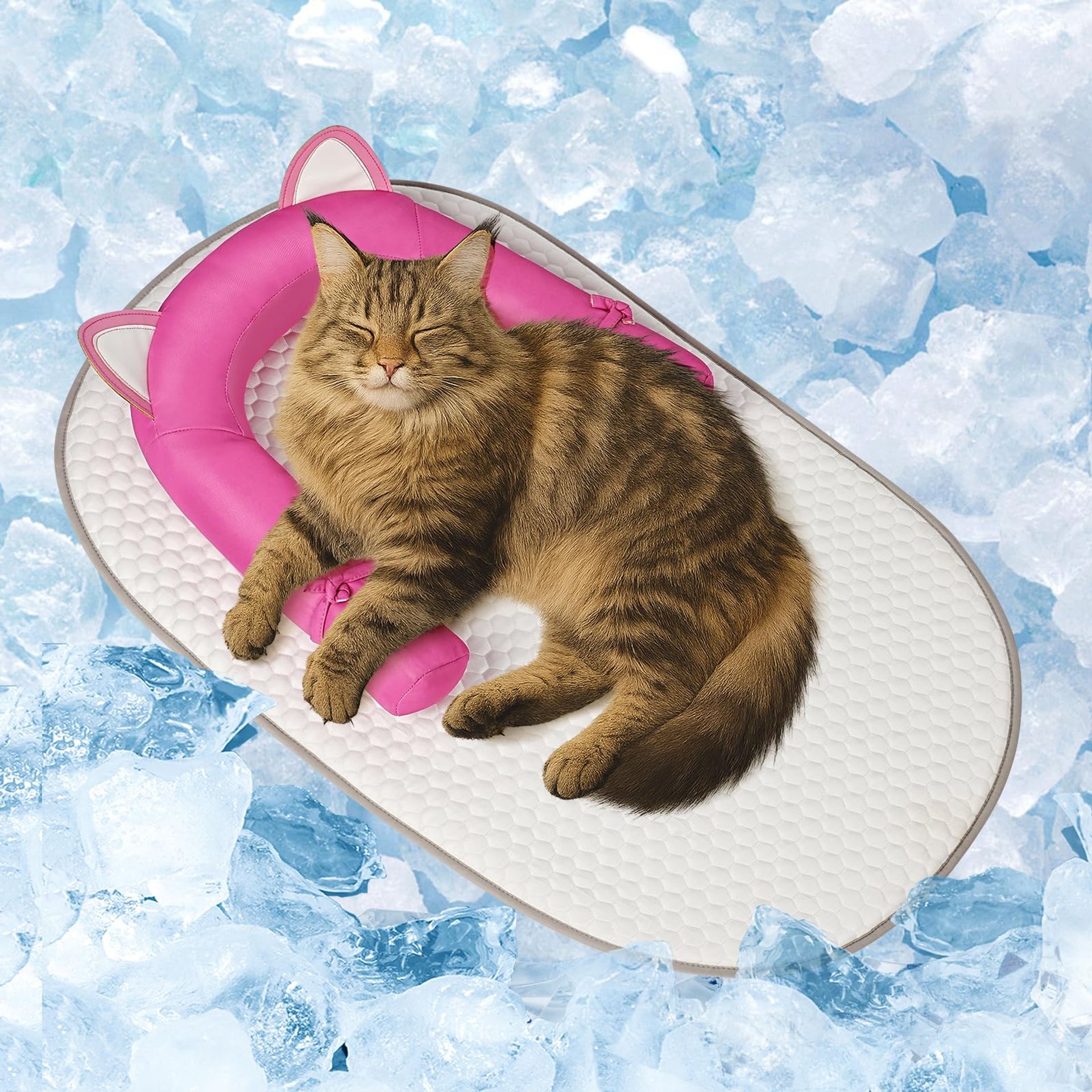 Soft Cat Cooling Mat with U-Shaped Pillow Washable Portable Summer Bed for Kittens & Small Dogs - Pink 1