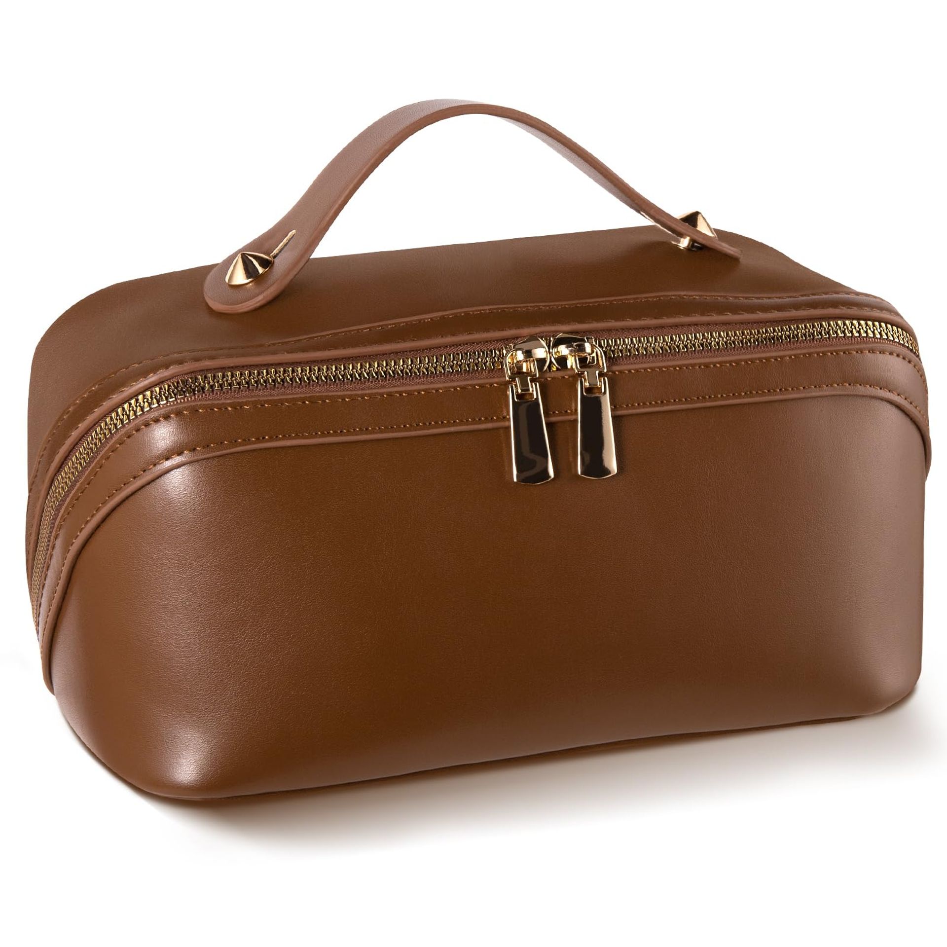 Makeup Bag Large Capacity PU Leather Travel Toiletry Organiser Waterproof with Compartments for Women & Girls - Brown A-Style