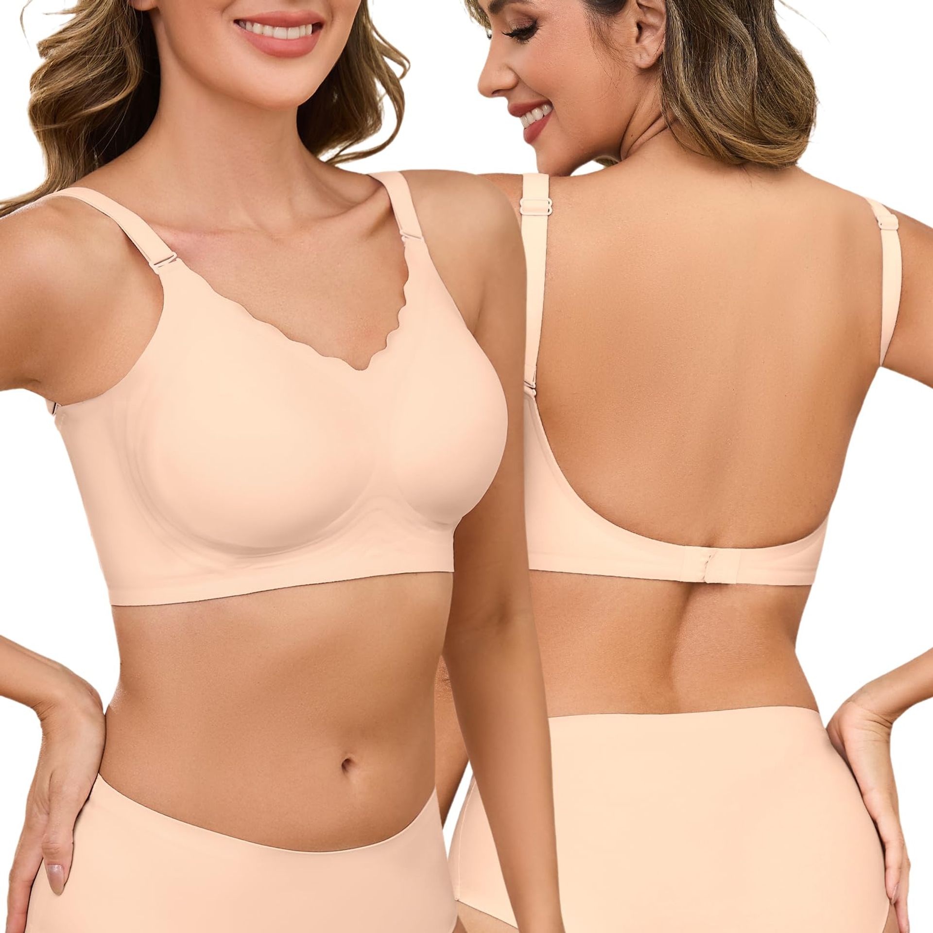 Lonya Low Back Bra for Women Backless Seamless Bras Invisible Deep V Shaped Plunge Wirefree Push Up Sexy Multiway Strap Convertible Bra Bralettes, Skin, S