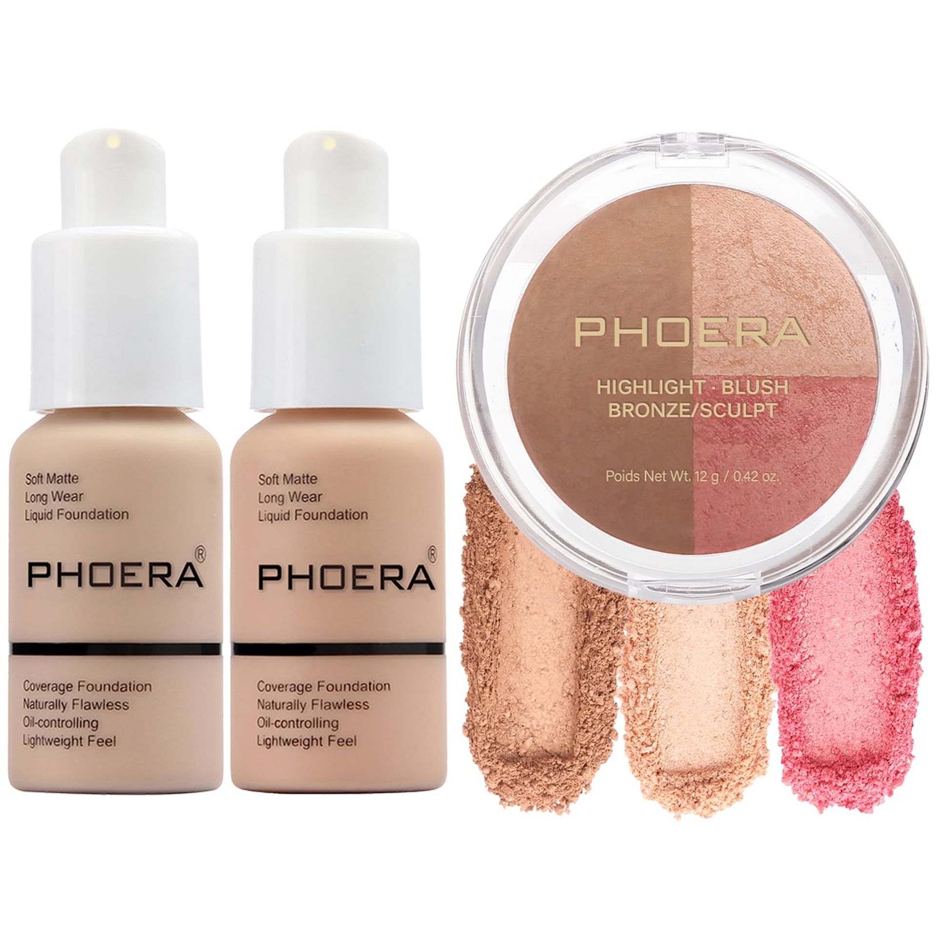 Full Coverage Foundation Makeup Set with Contour, Highlighter & Blush Long-Lasting 24H Wear - 102+103+#002 Contour/Nude+Warm Peach+#002 110g