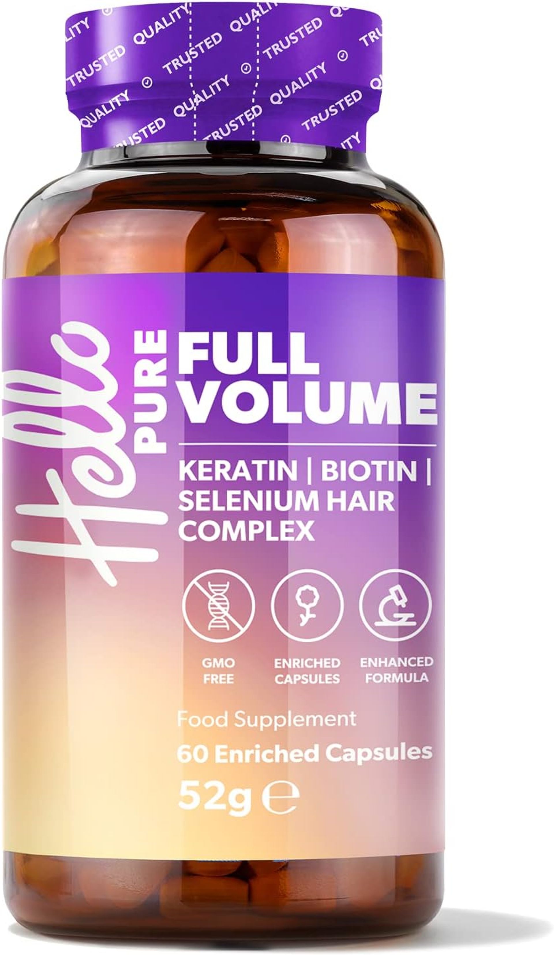 Hello Pure Full Volume Hair Growth Vitamins for Women & Men – 60 Biotin (Vitamin B7) Supplement Capsules - with Keratin, Selenium & Iron, Flaxseed – Skin, Hair & Nails - GMO Free - Best Before Date - 31/10/2025