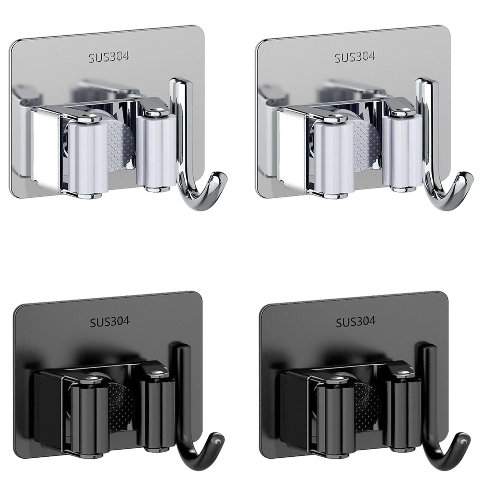 M JINGMEI Mop Holder Wall Mounted, 4Pcs Stainless Steel Self Adhesive Mop Broom Holder with Hooks Hanger Self-Adhesive Broom Holder for Office, Garden Garage, Bathroom, Kitchen (Black&Sliver)