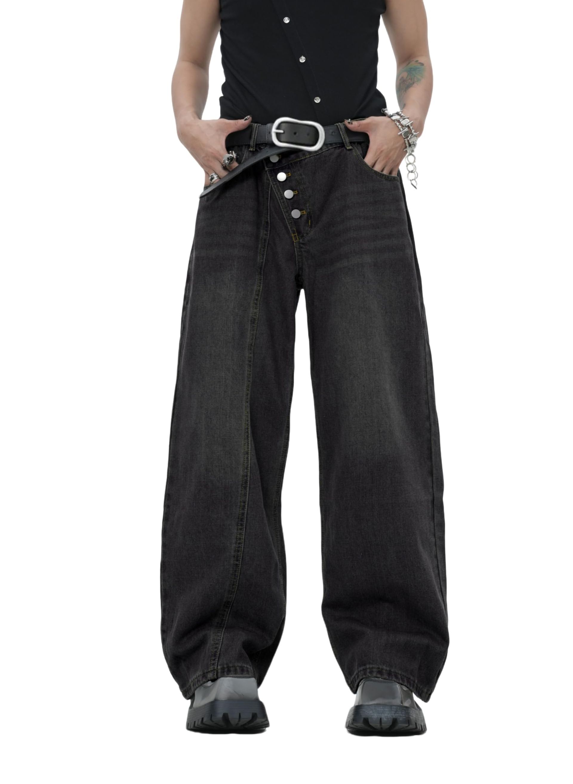 Men's Angled Button Baggy Jeans Wide Leg Y2K Skater Denim Pants Streetwear - D10 Dark Blue XL