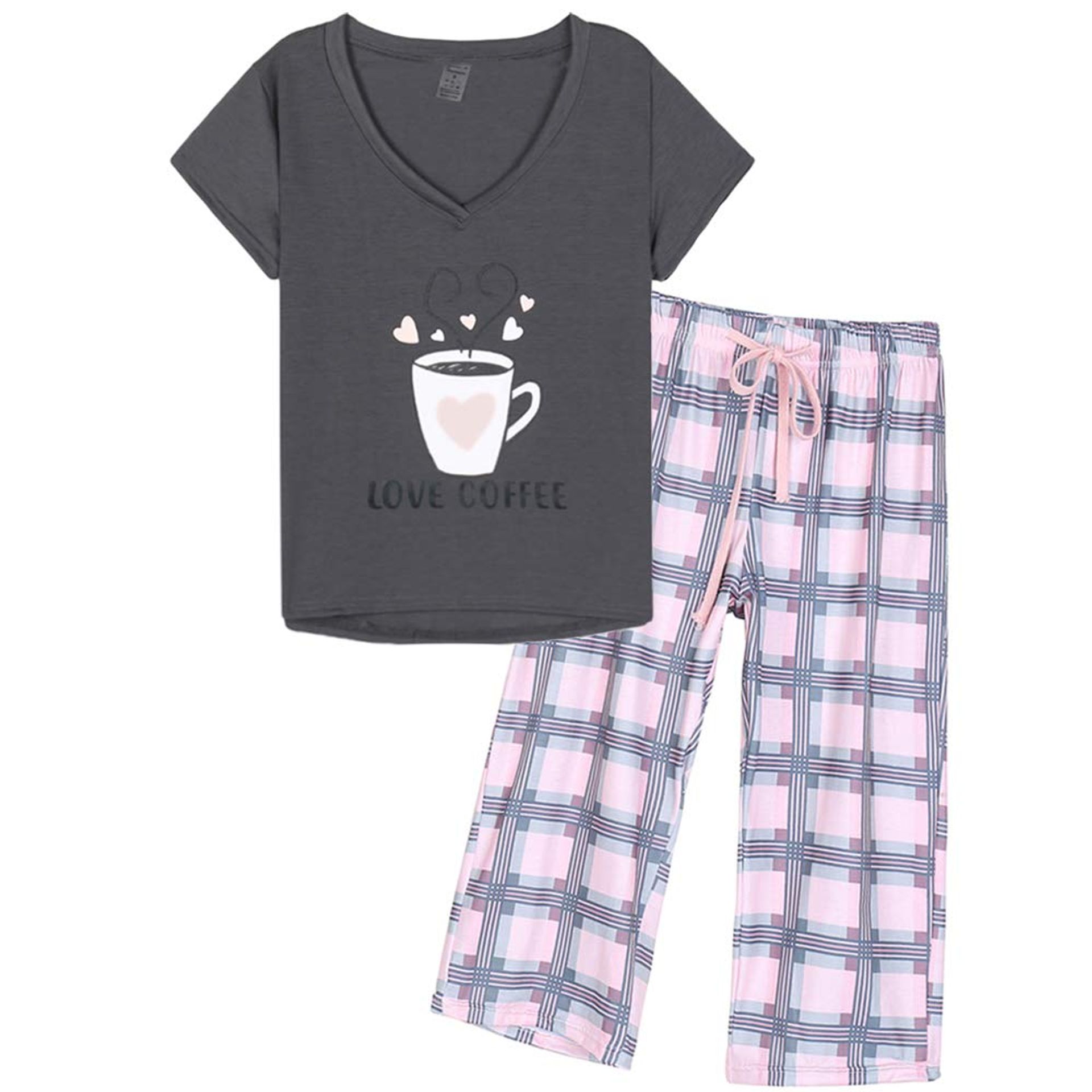 Women's Pyjama Set with Short Sleeve V-Neck Top & Capri Lounge Pants – Breathable Summer Nightwear (Grey, 3XL)