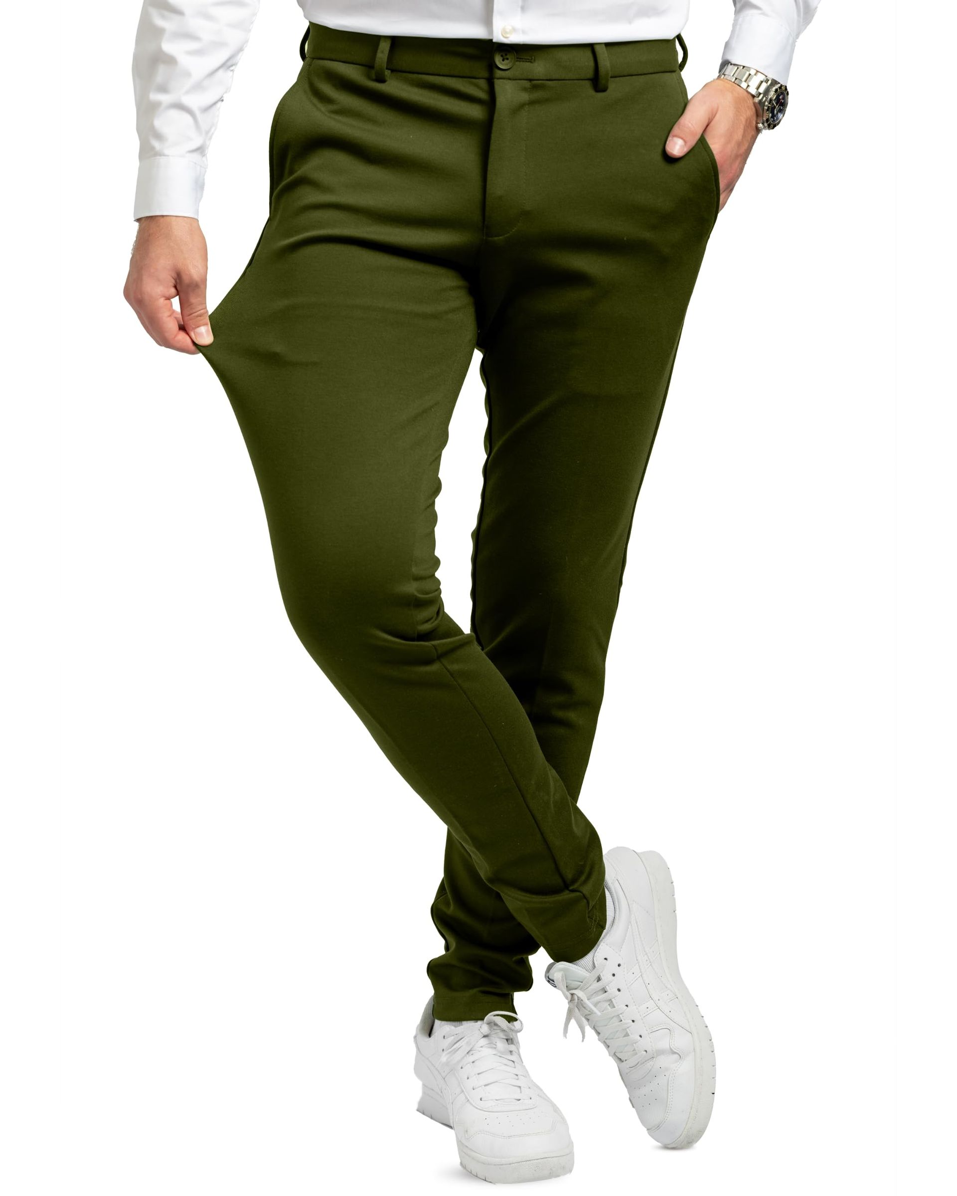 slim fit dress slacks Men's Dark Green Linen Trousers