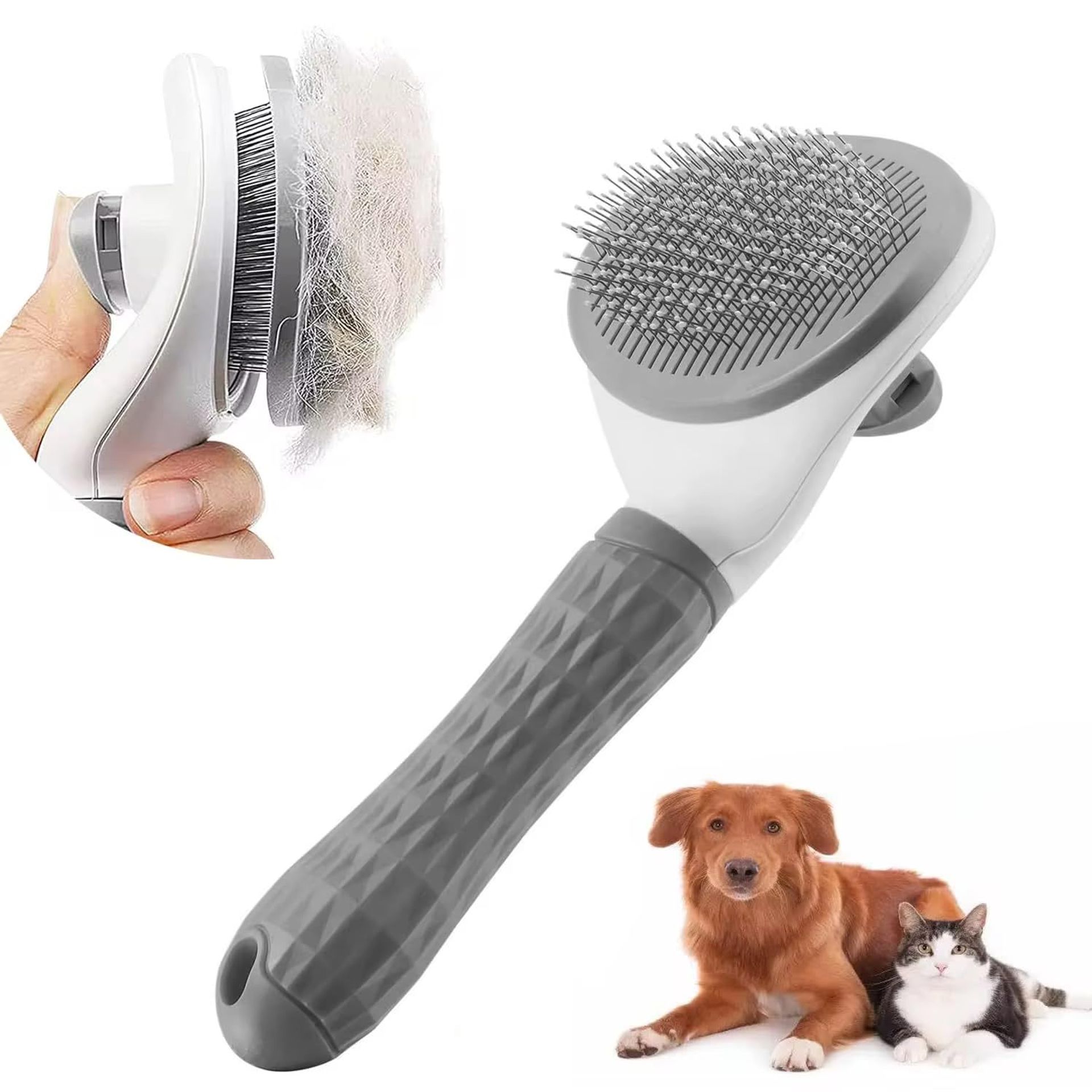 One-Click Self Cleaning Pet Hair Remover Brush Removes Loose Fur and Knots for Cats, Dogs and Small Pets - Grey