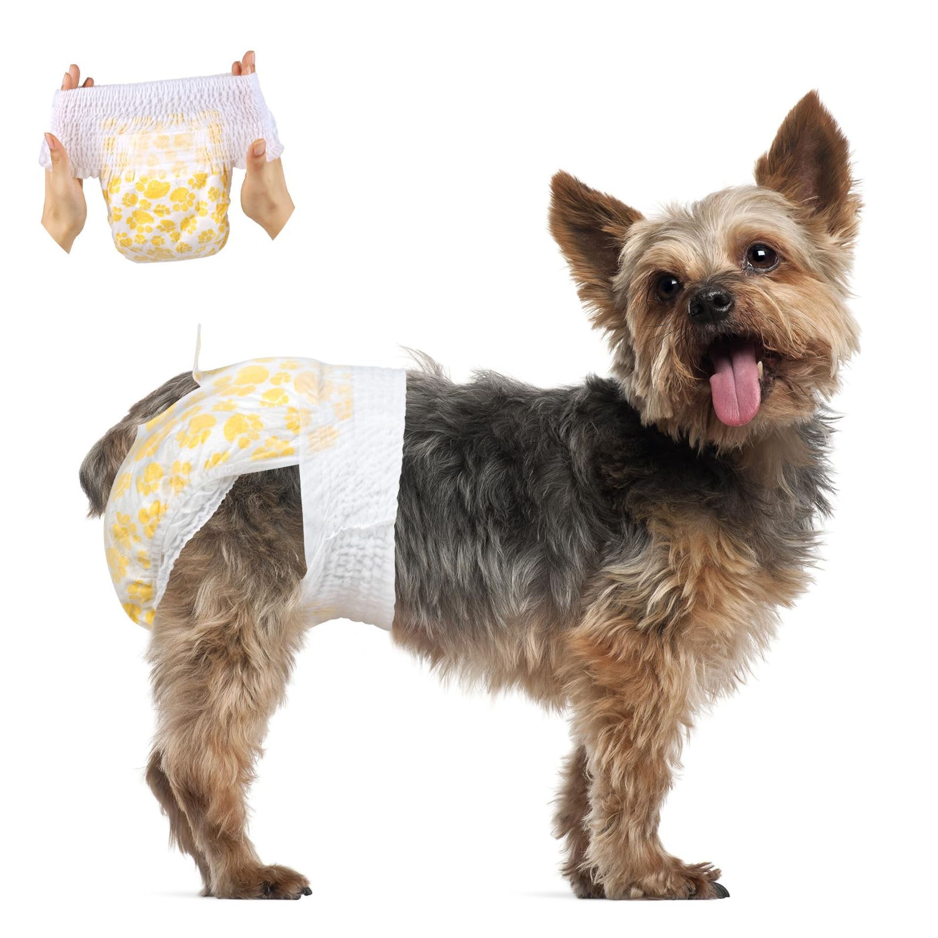 Female Dog Nappies Disposable Pull-Up Diapers 360 Stretch Waistband Leakproof Design - Yellow Dog Paws S 30pcs