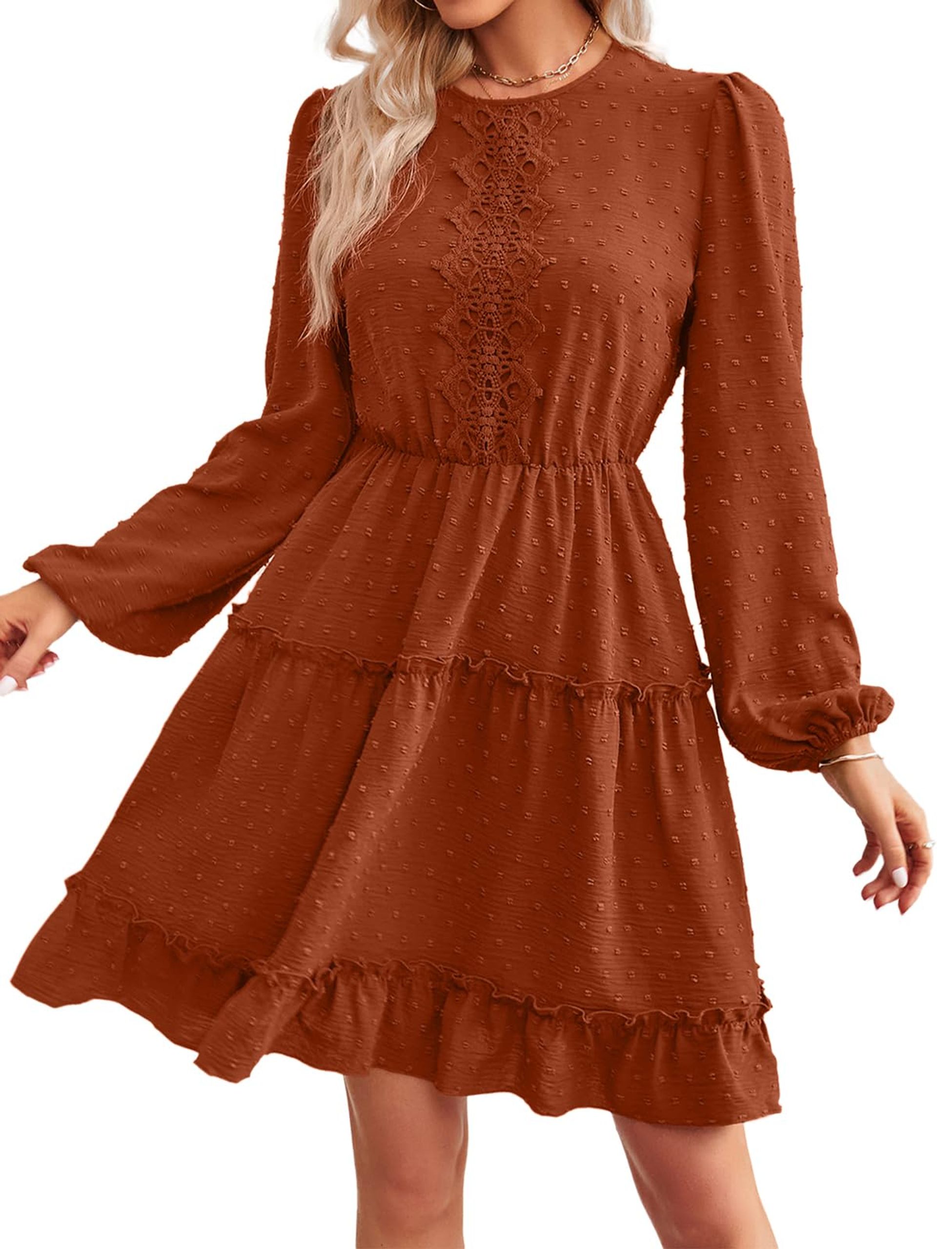 Women's Long Sleeve Midi Dress Crew Neck Swiss Dot Casual Style - Brick Red M