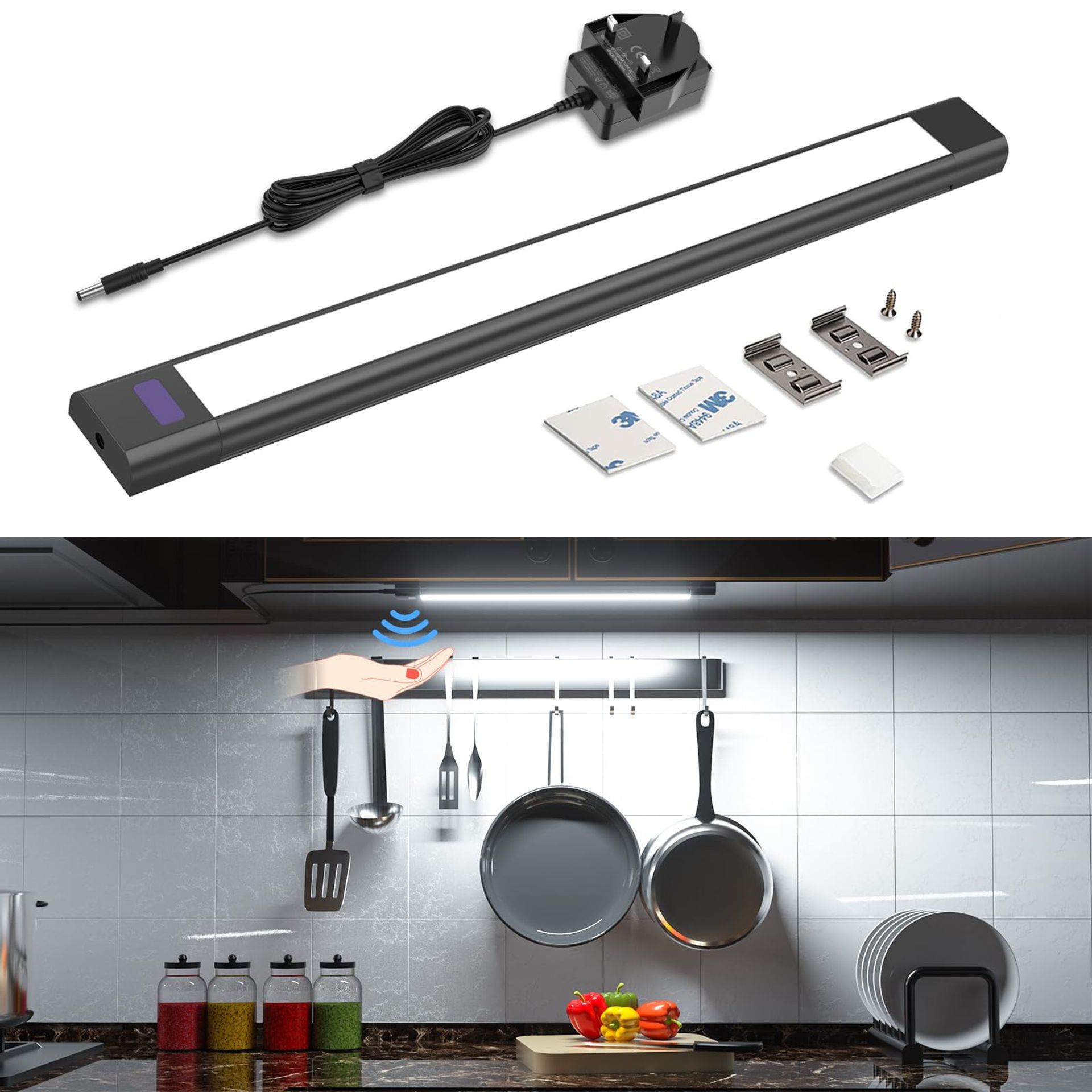 Hand Wave Activated Under Cabinet LED Light, Super Bright 30cm, 6000K White, Easy Install, Dimmable