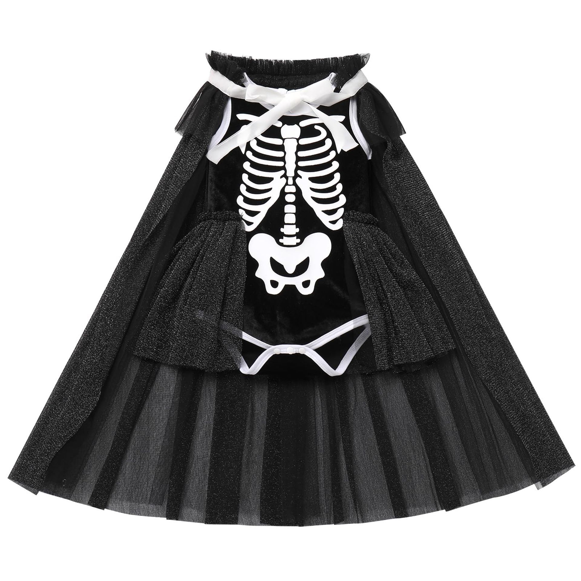 Baby Girls Skeleton Skull Halloween Fancy Dress Romper with Tulle Cloak Set - Black 3-4 Years
