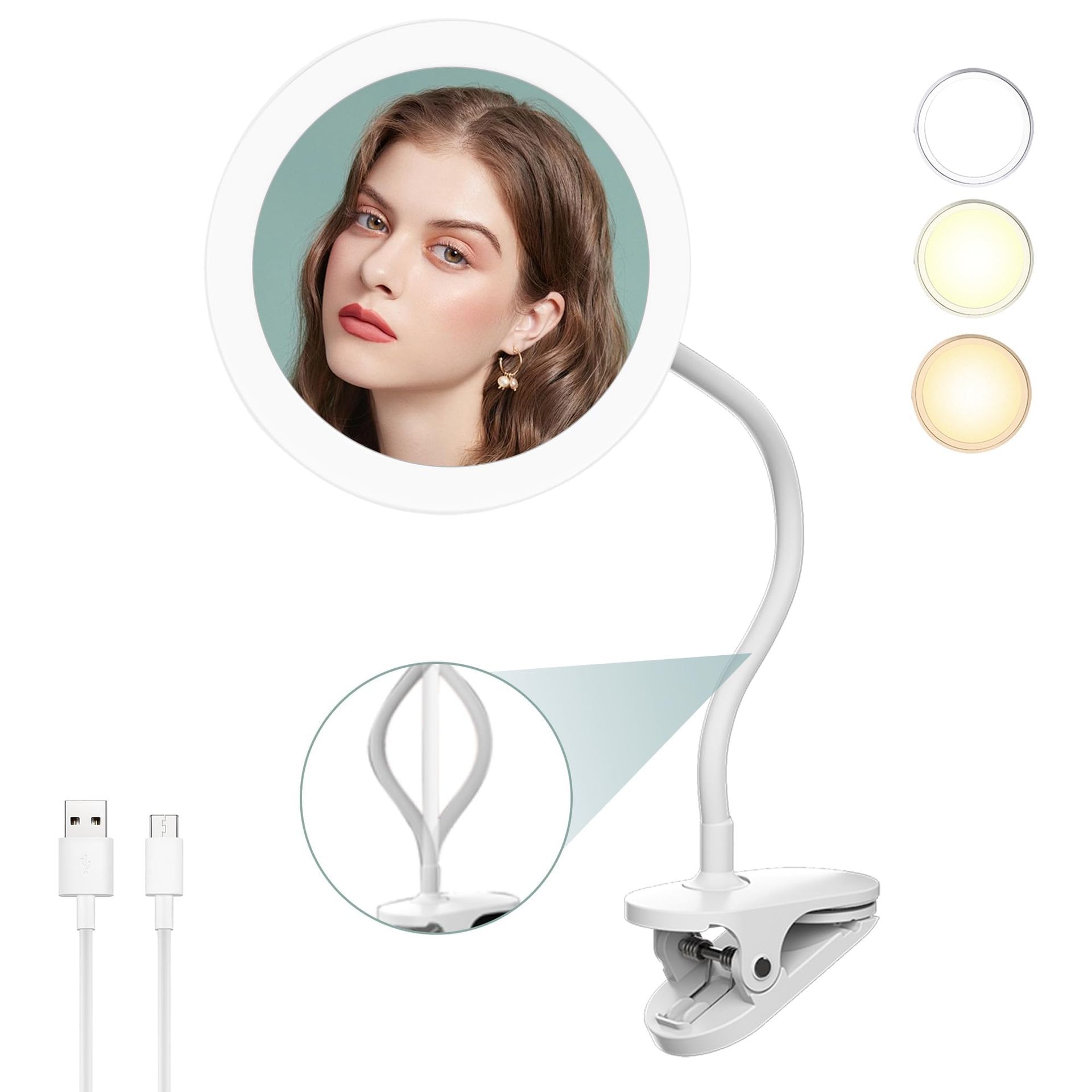 6.5" Clip-On Gooseneck Lighted Vanity Mirror with USB Rechargeable Battery, Adjustable Brightness & 360° Rotation - White 1X