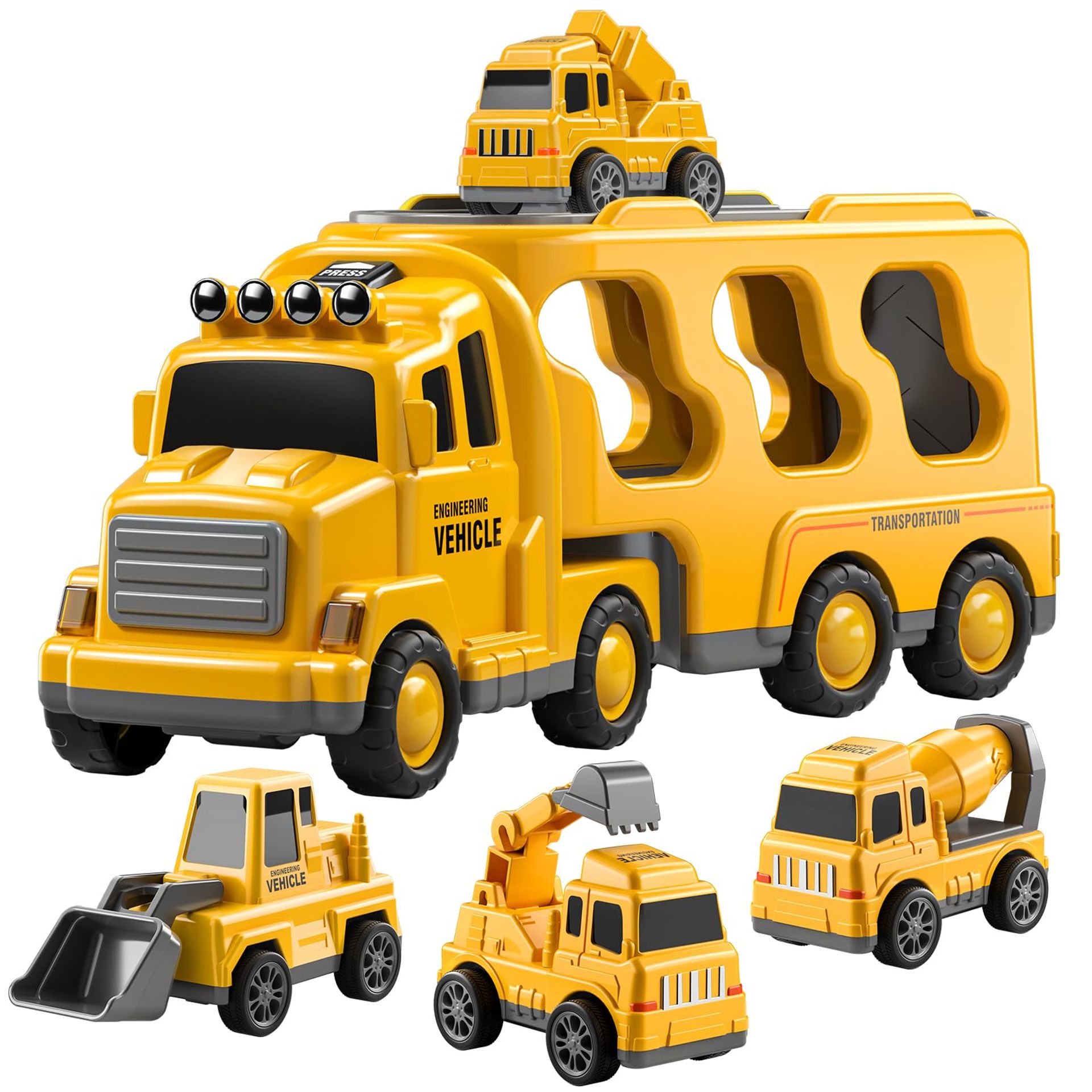 5-in-1 Construction Truck Toy Set for Toddlers with Excavator, Crane, Mixer & Bulldozer - Friction Powered Vehicles Gift for Ages 2-5