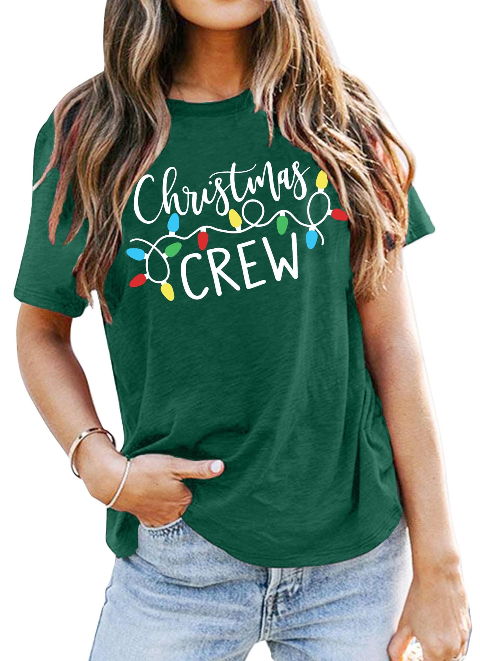 Women's Christmas Crew Shirt - Funny Lights Print Short Sleeve Tee, Holiday Graphic Top, Light Green, Large