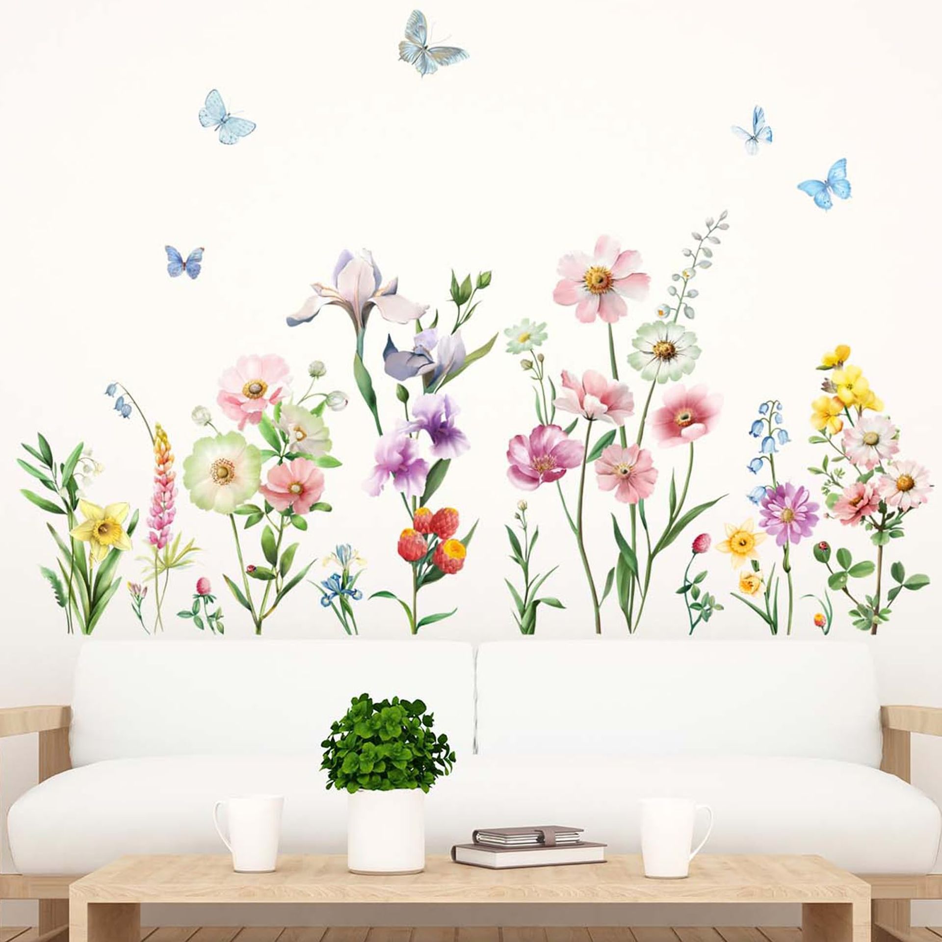 Amimagen Watercolor Flower Wall Stickers - Wildflower Floral Butterflies Wall Decals - Living Room Bedroom TV Sofa Background Family Wall Decor