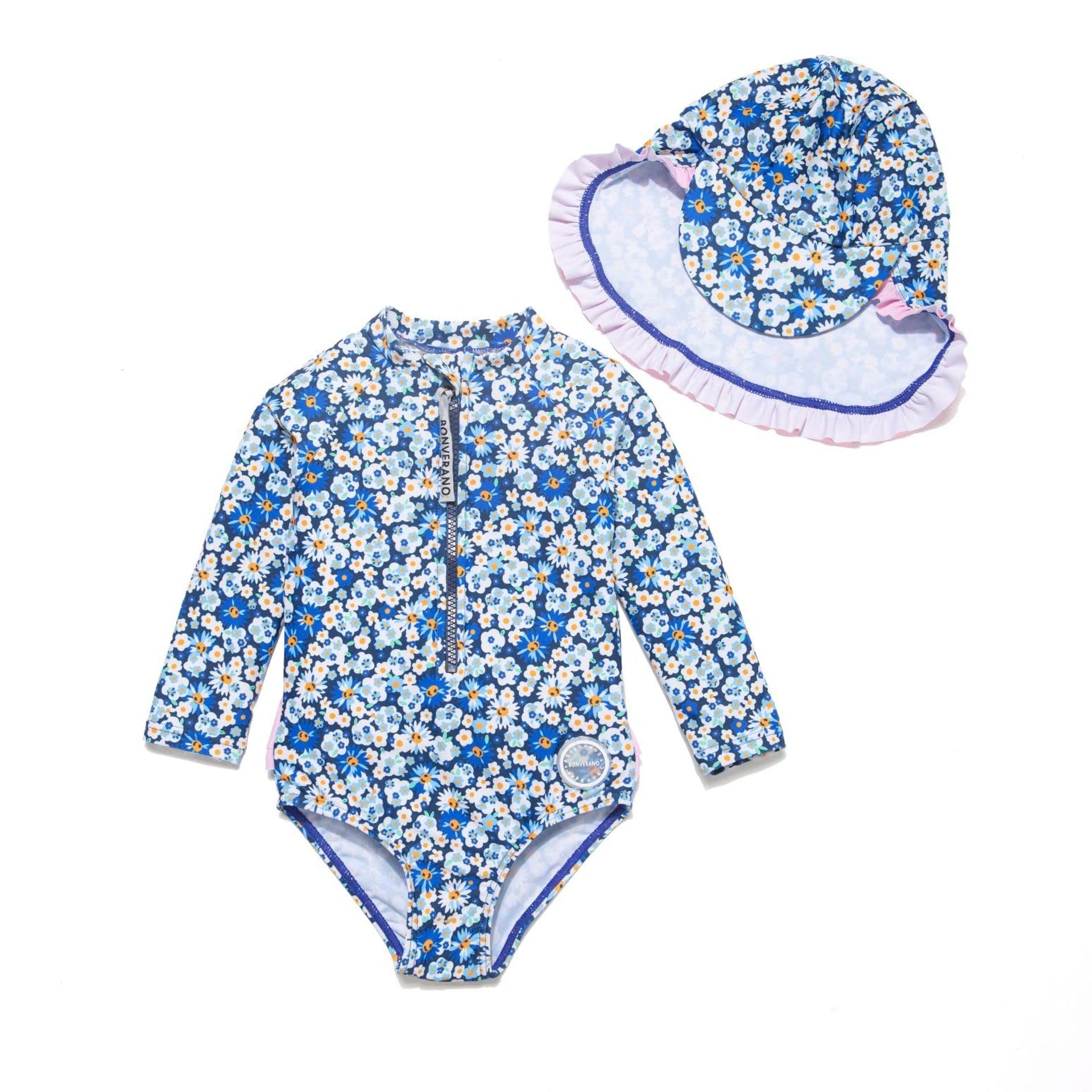 Infant & Baby Girl Swimsuit One Piece Rashguard UPF 50+ Ruffle with Sun Cap - Blue Flowers 18-24 Months