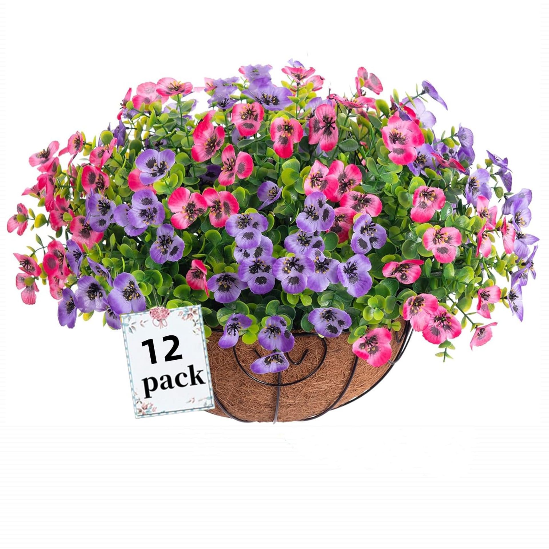 Artificial Flowers Set 12 Bundles UV Resistant Fake Pansy Plants Shrubs for Garden, Porch or Home Décor - Pink+Purple One Size