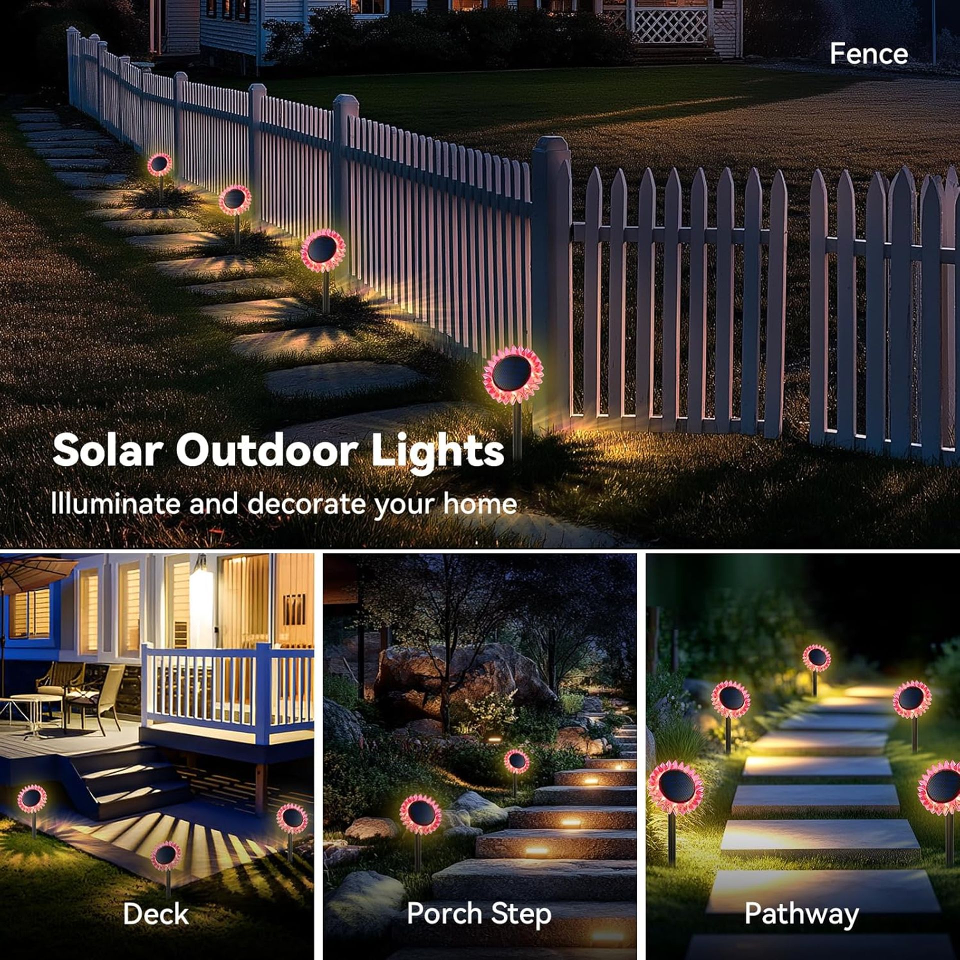 Solar Sunflower Garden Lights 4 Pack, IP67 Waterproof Outdoor LED Pathway & Fence Decoration