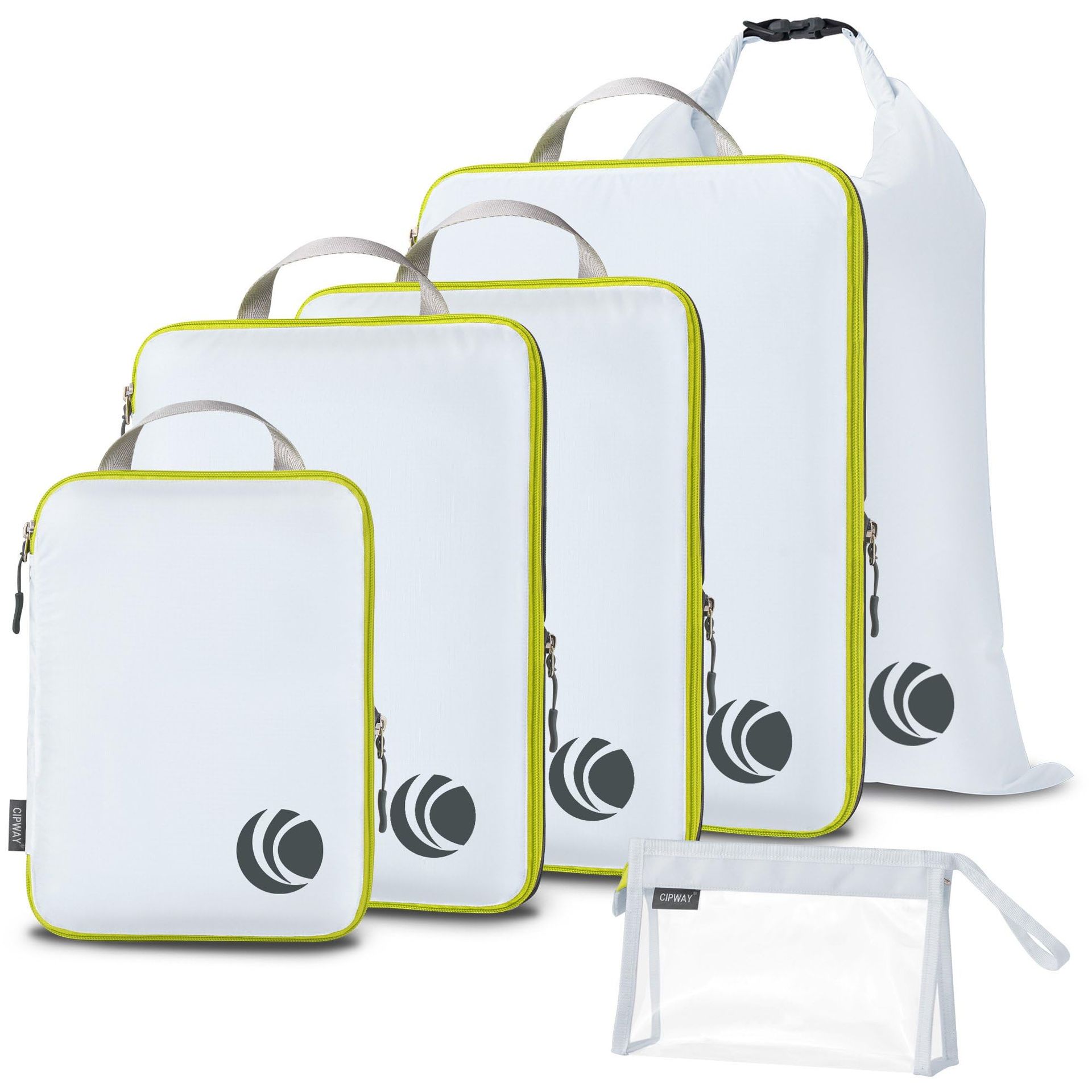 Compression Packing Cubes Ultralight Luggage Organiser Set with Laundry & Toiletry Bags for Travel - White 6PCS