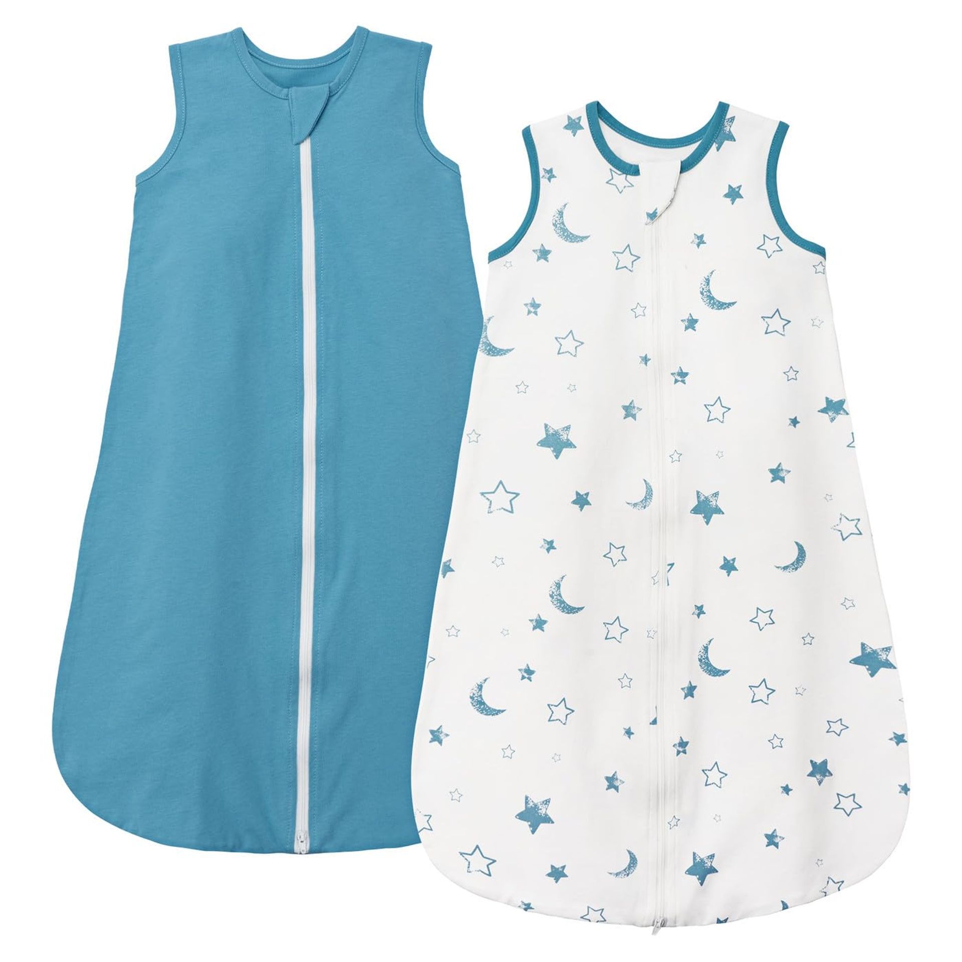Baby Sleeping Bag 2 Pack 0.5 Tog 100% Cotton Summer Wearable Blanket Breathable with Two-Way Zip - Blue & Moon Stars 6-12 Months