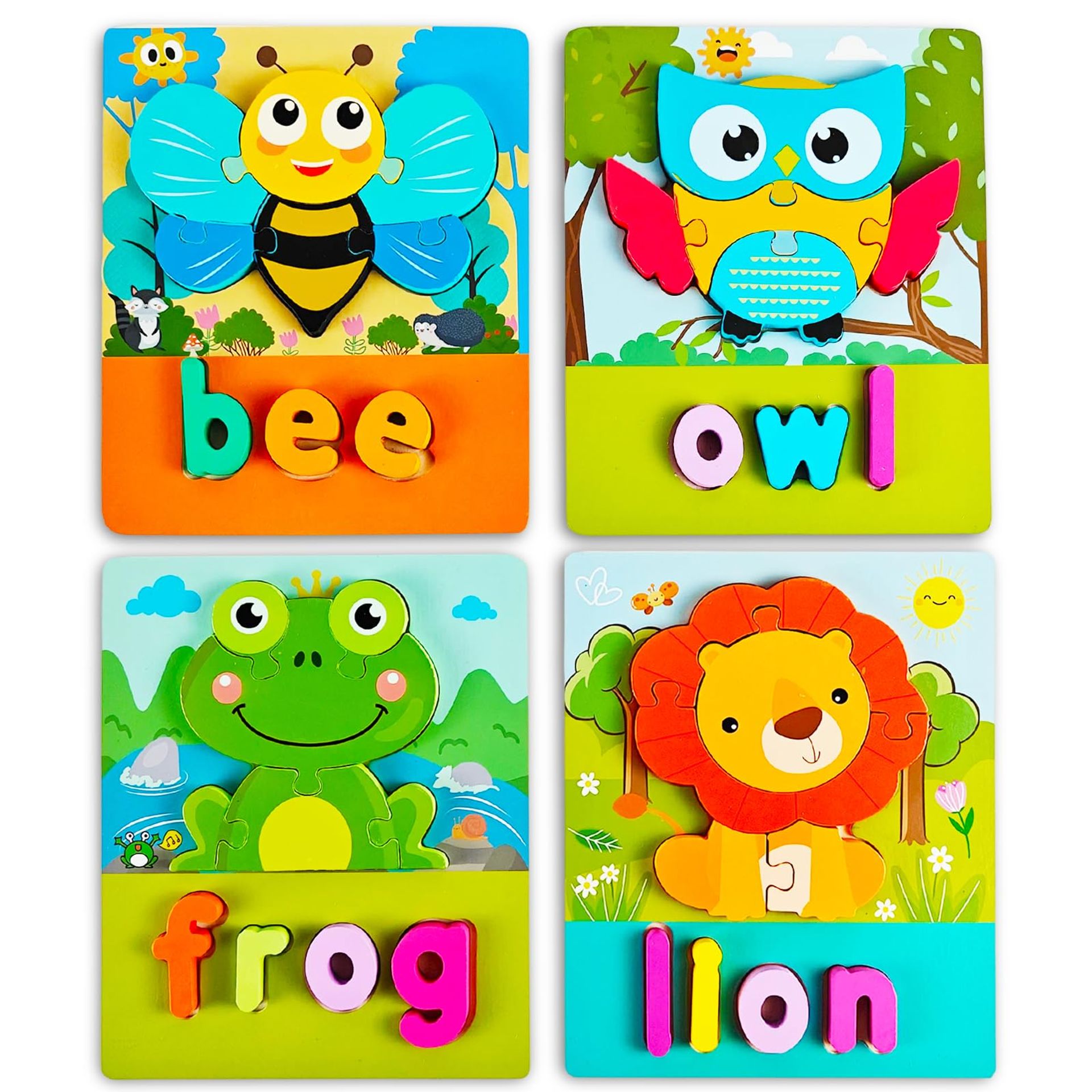 4 Pack 3D Wooden Animal Jigsaw Puzzles for Toddlers - Educational Montessori Toys for Early Learning, Hand-Eye Coordination & Fun Play