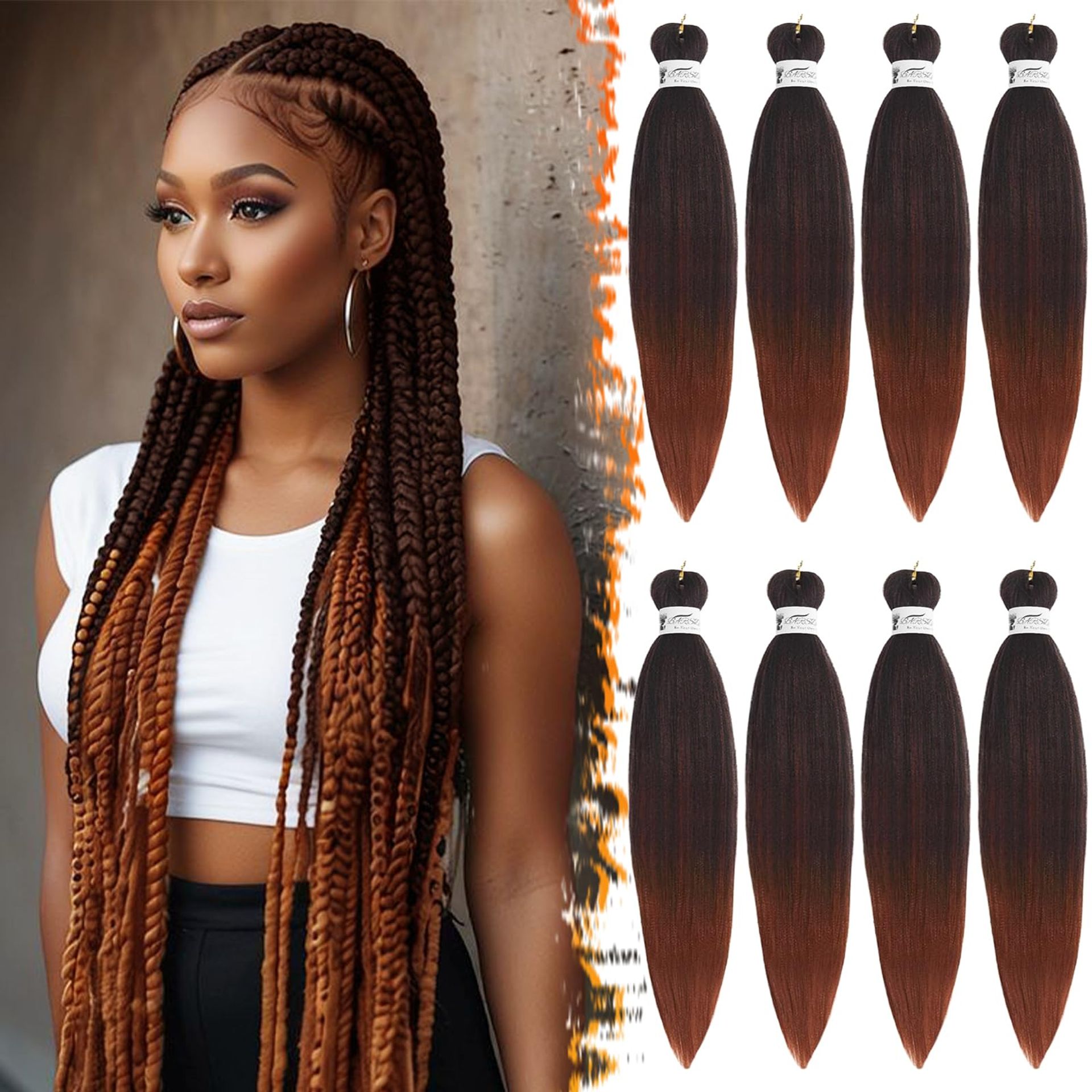Pre-Stretched Braiding Hair 26 Inch Synthetic Yaki Texture Hot Water Set 8 Pack - Black Ombre Burgundy 26 Inch - Valentines - Valentines