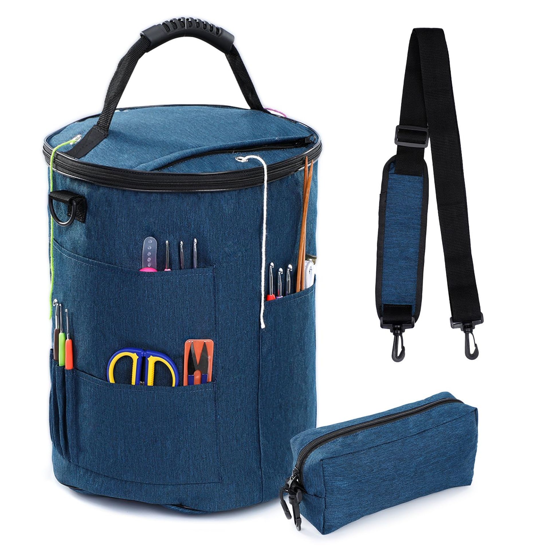 Crochet & Knitting Bag Large Capacity Yarn Wool Storage with Adjustable Dividers & Multiple Pockets - Blue GN32
