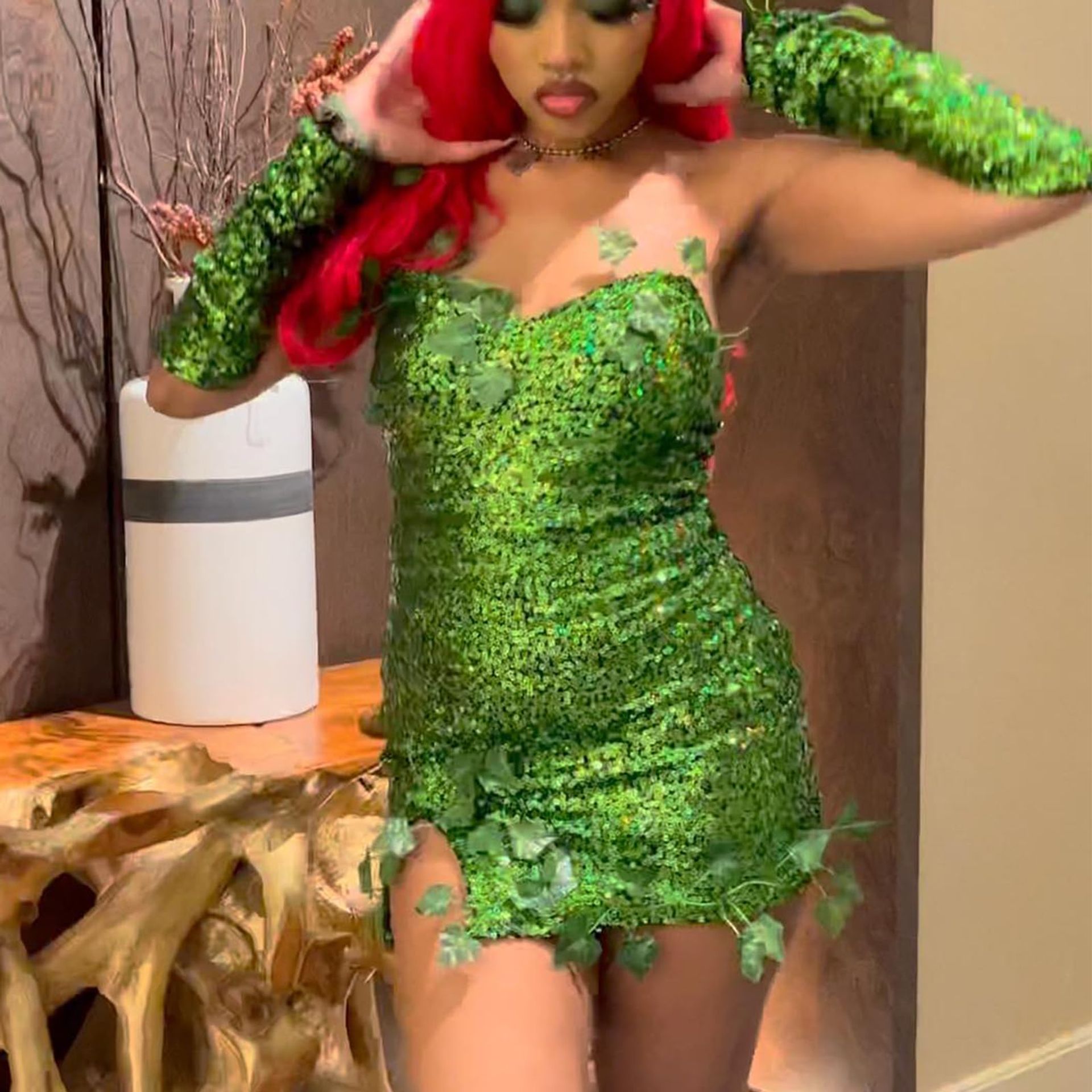 Women'S Green Poison Ivy Costume XXL - Sequin Dress & Gloves Set For Hall