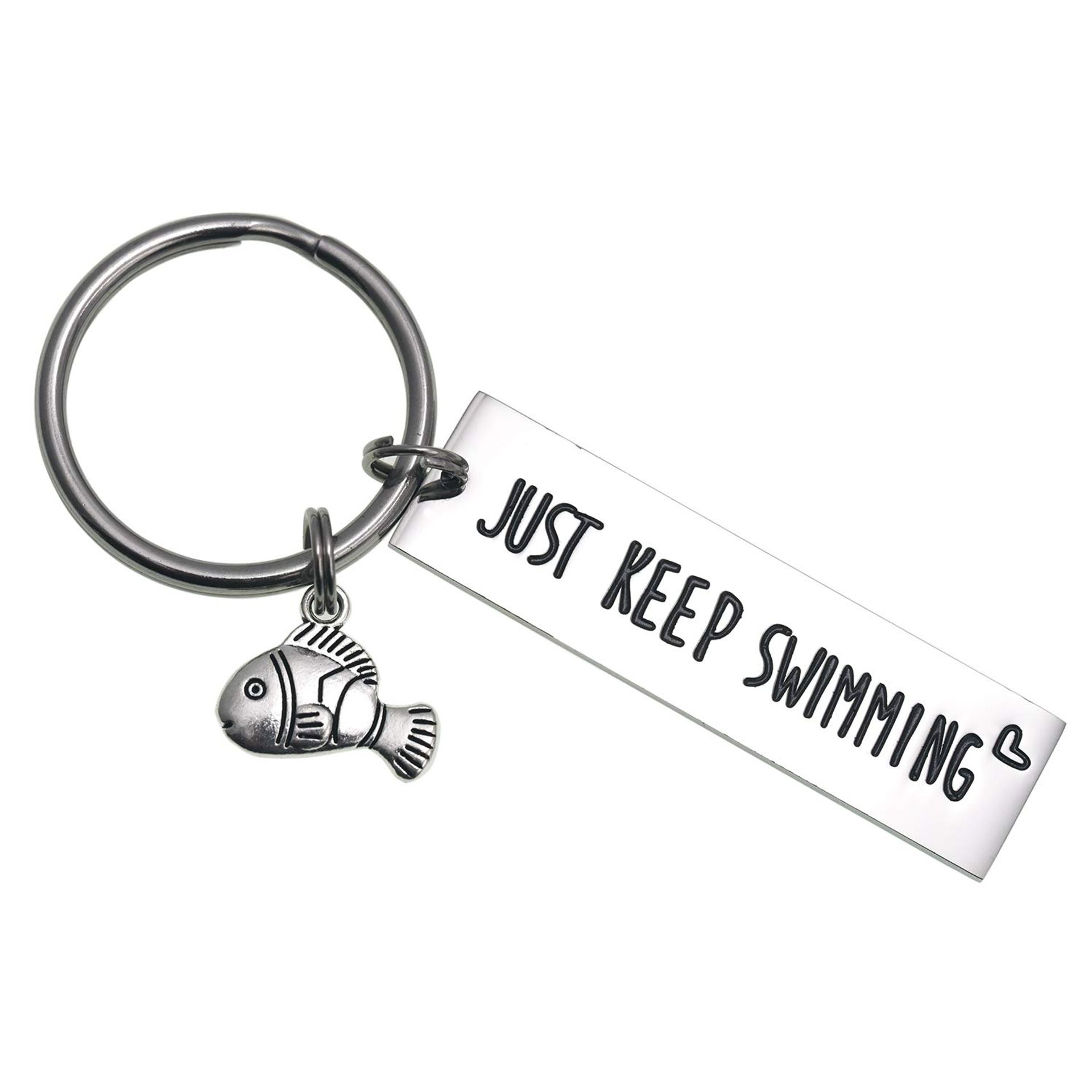 Motivational Keyring Stainless Steel Engraved Friendship Encouragement Gift with Gift Box - Keep Swimming M