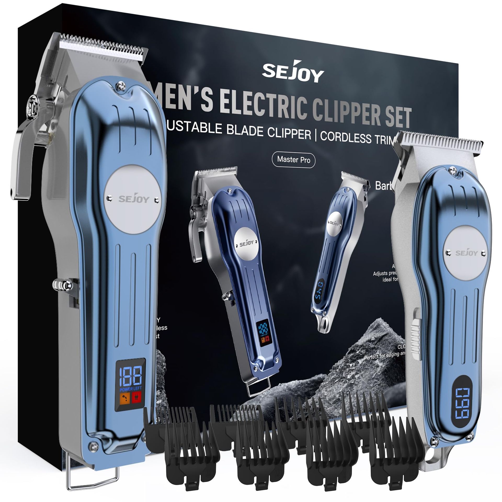 Professional Hair Clippers and Trimmer Set for Men Cordless Rechargeable Grooming Machine MASTERPRO - Blue