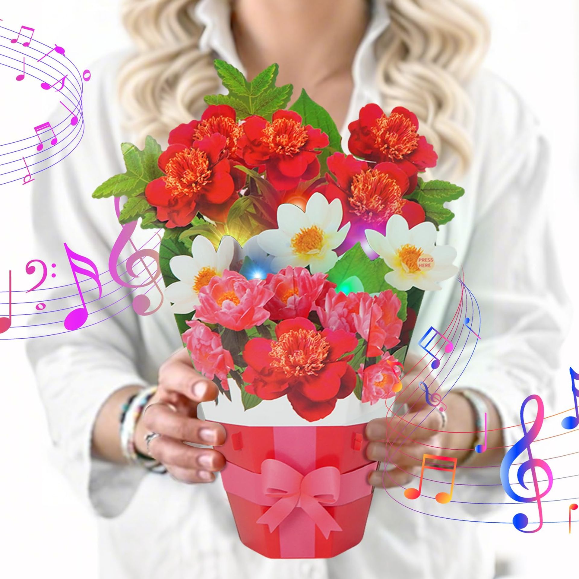 12-Inch Pop Up Musical Birthday Card with Lights & Floral Bouquet - Perfect Gift for Mum & Grandma