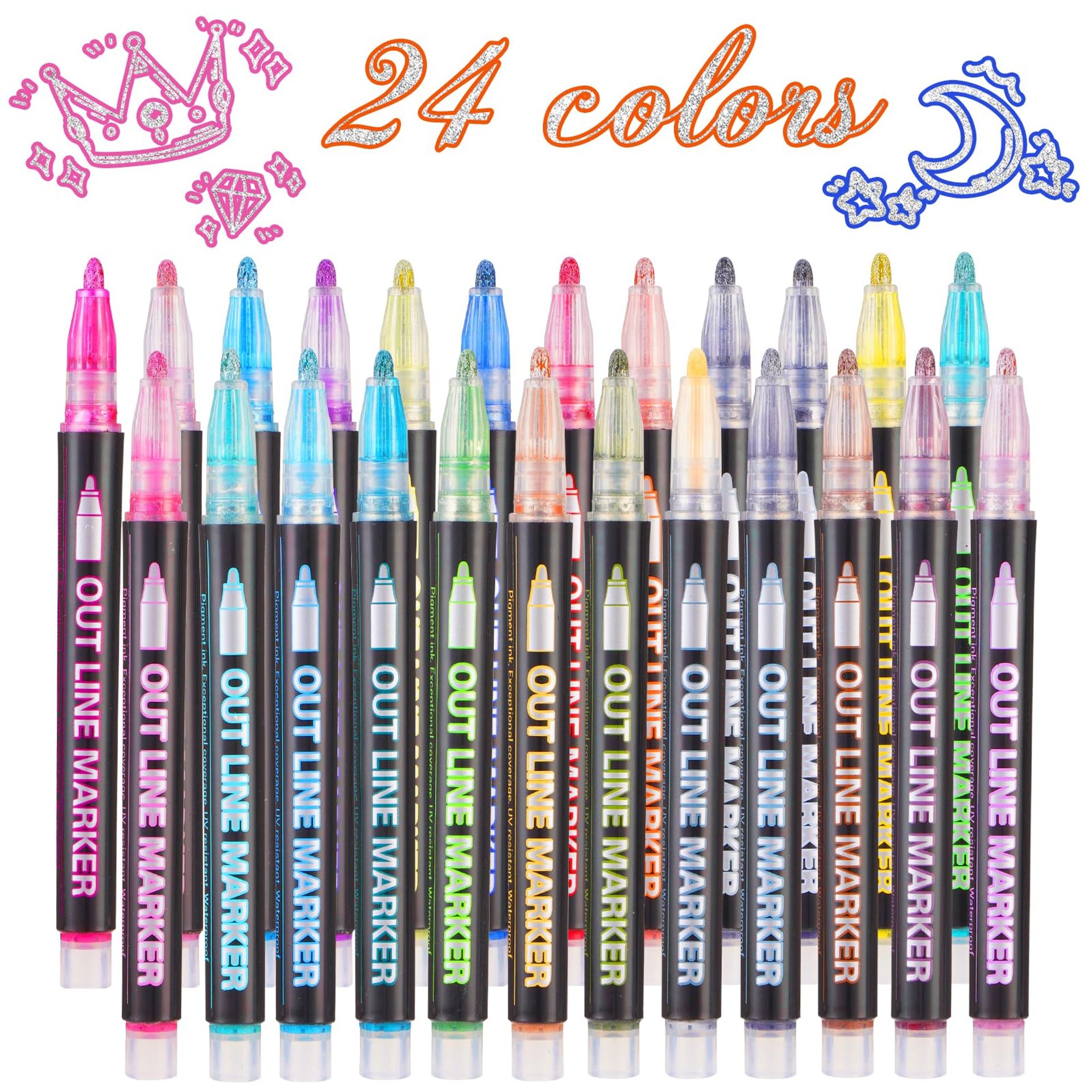 24 Colours Glitter Outline Marker Pens for Kids - Double Line, Non-Toxic, Fast-Drying