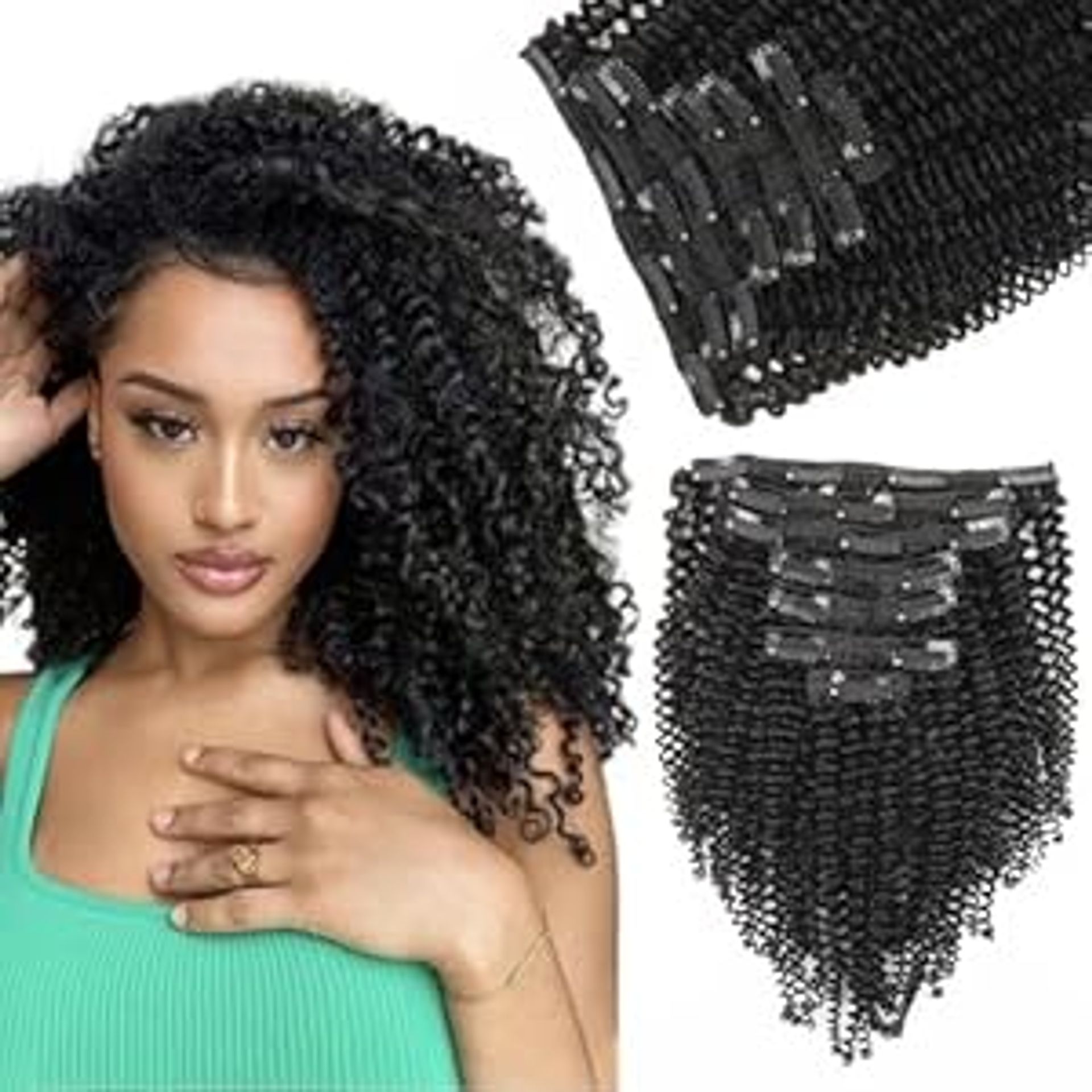 Clip-in Human Hair Extensions Double Weft Curly Full Head for Women - Natural Black Kinky 22 Inch - Valentines