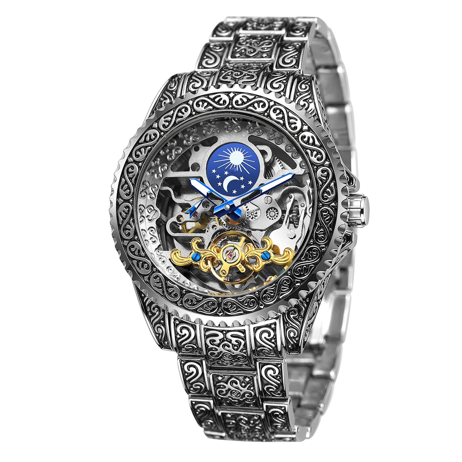 BOLYTE Automatic Mechanical Skeleton Watch for Men Engraved Vintage Casual Steel Band Wristwatch Luminous Hands (Silver)