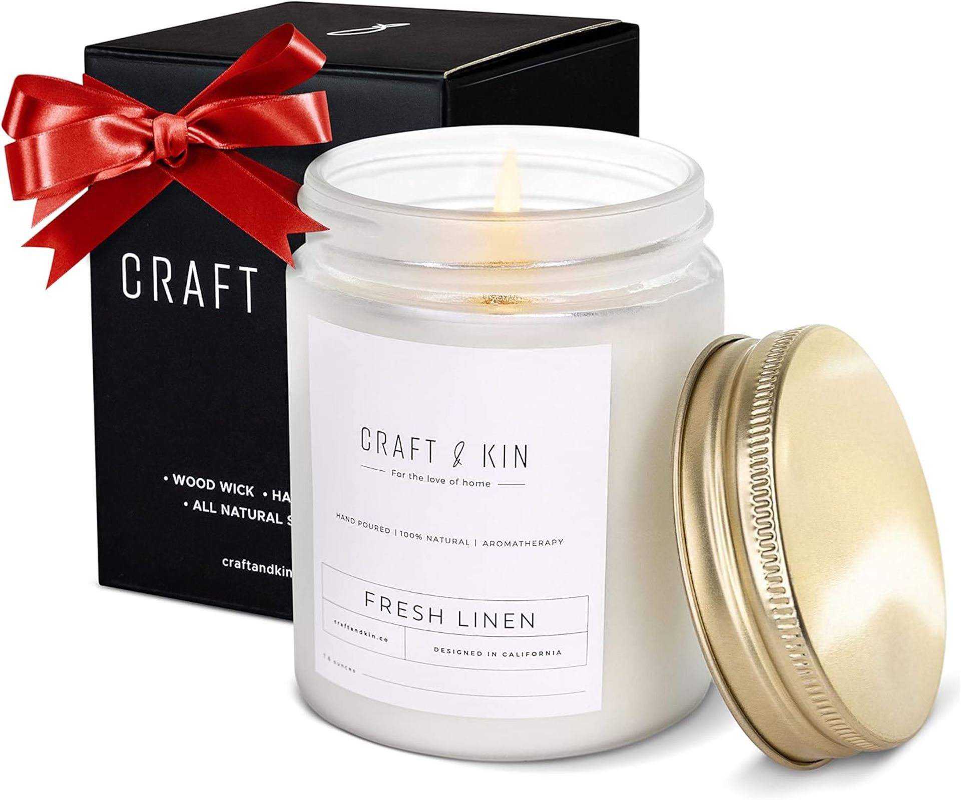 Scented Soy Candle 45-Hour Burn with Wood Wick and Gold Lid - Fresh Linen 8oz