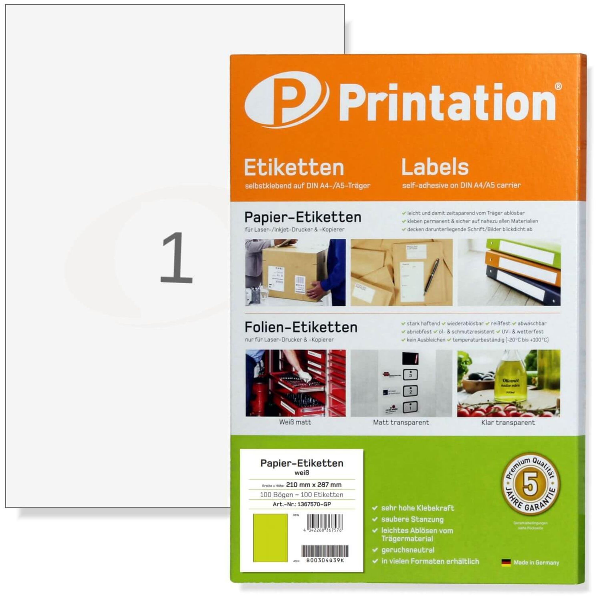Printation A4 Labels 1 per Sheet 210 x297mm - 100 self-Adhesive White Sticky Labels on 100 A4 Sheets - A4 Sticker Paper for Printing with Inkjet & Laser Printer - White Stickers Labels 210 x 297 mm