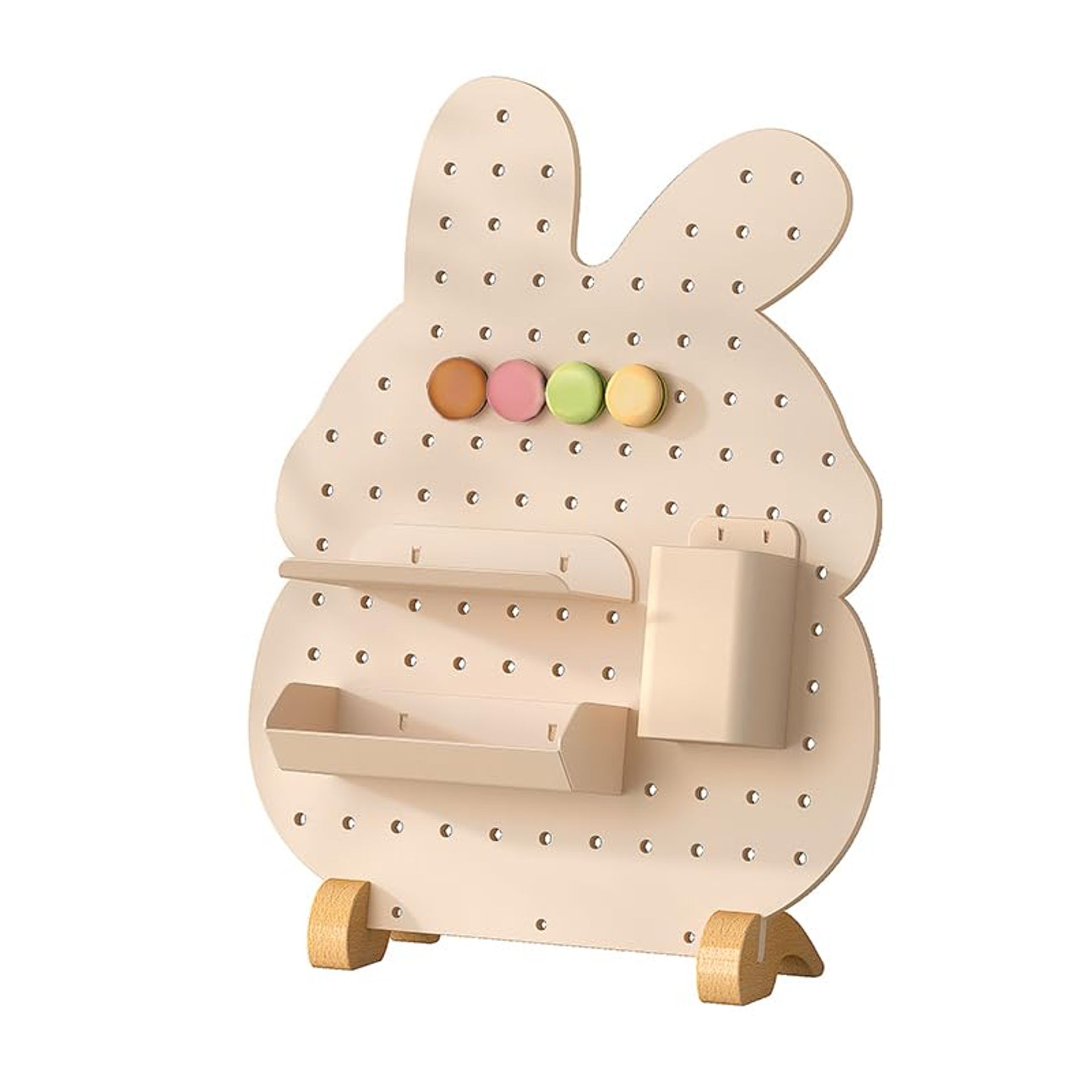 Freestanding Animal Shape Metal Pegboard with Accessories and Wooden Feet for Home or Office Organisation - Creme Bunny
