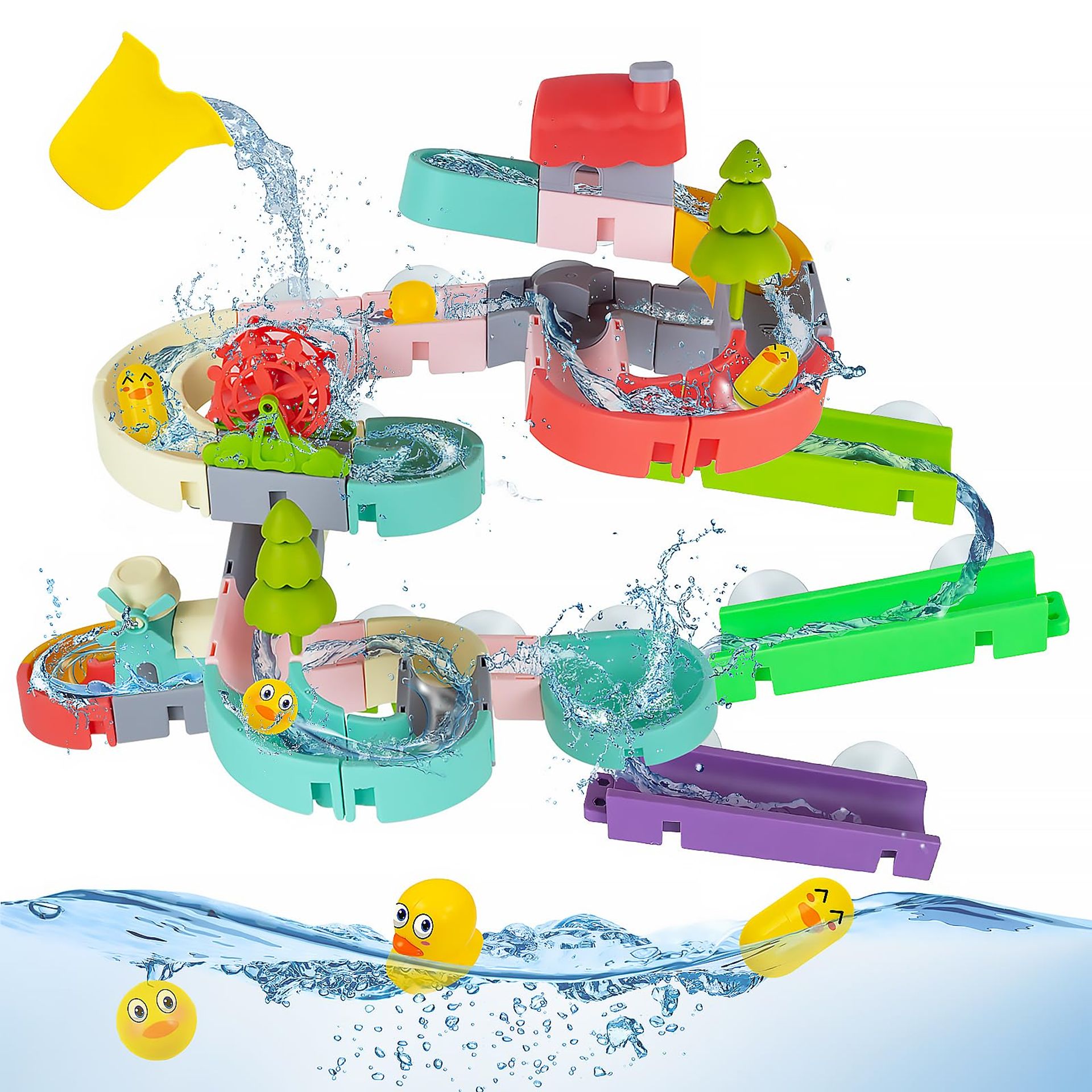 62PCS Baby Bath Toys Water Slide Track Game with Suction Cups – Fun Educational Bathtub Playset for Toddlers Boys & Girls