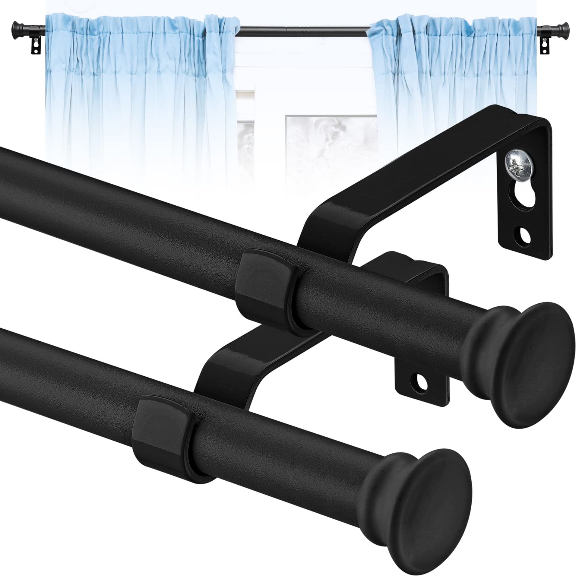 Curtain Poles Adjustable Single Rods with Brackets for Eyelet Curtains, Patio & Living Room Windows - Black 76–198 cm (2 Pack)
